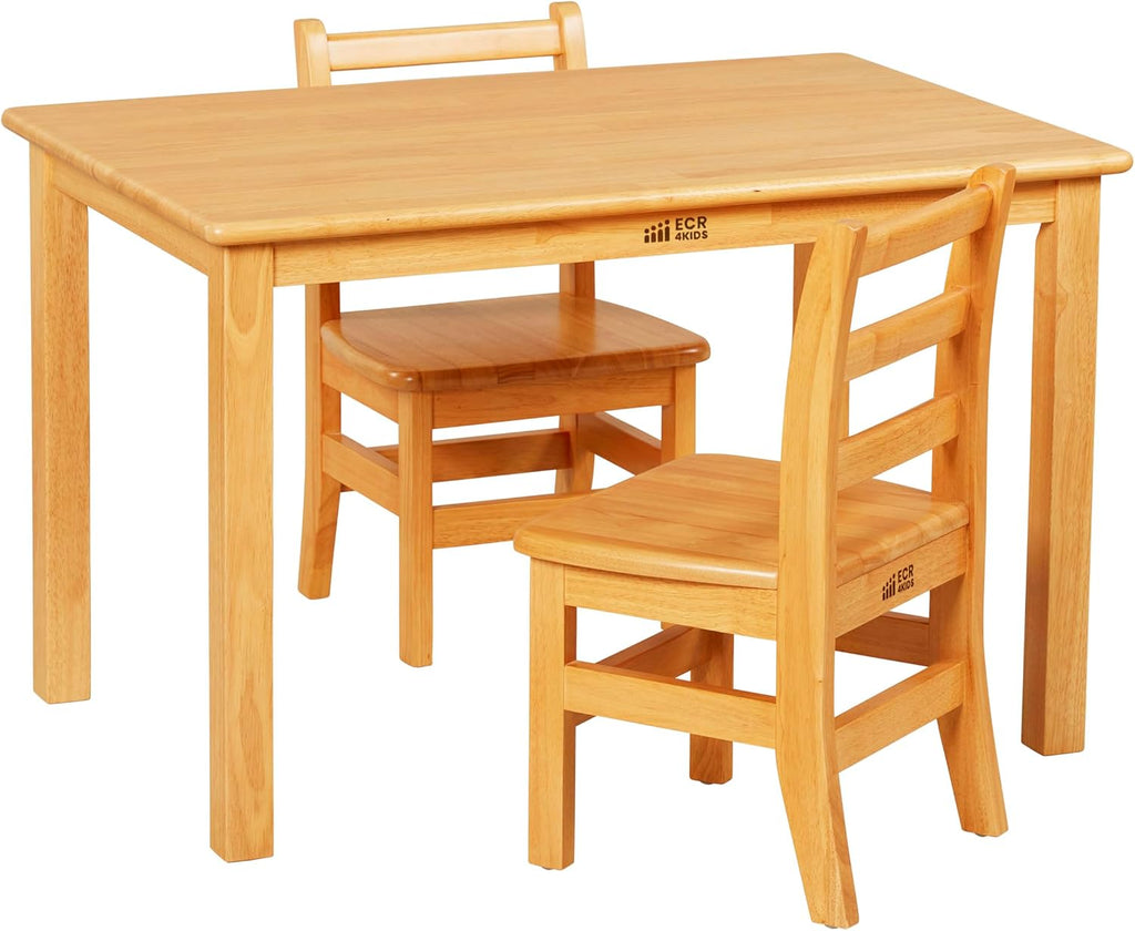 ECR4Kids 24in x 36in Rectangular Hardwood Table and Chair Set, 12in Seat Height, Kids Furniture, Honey, 3-Piece