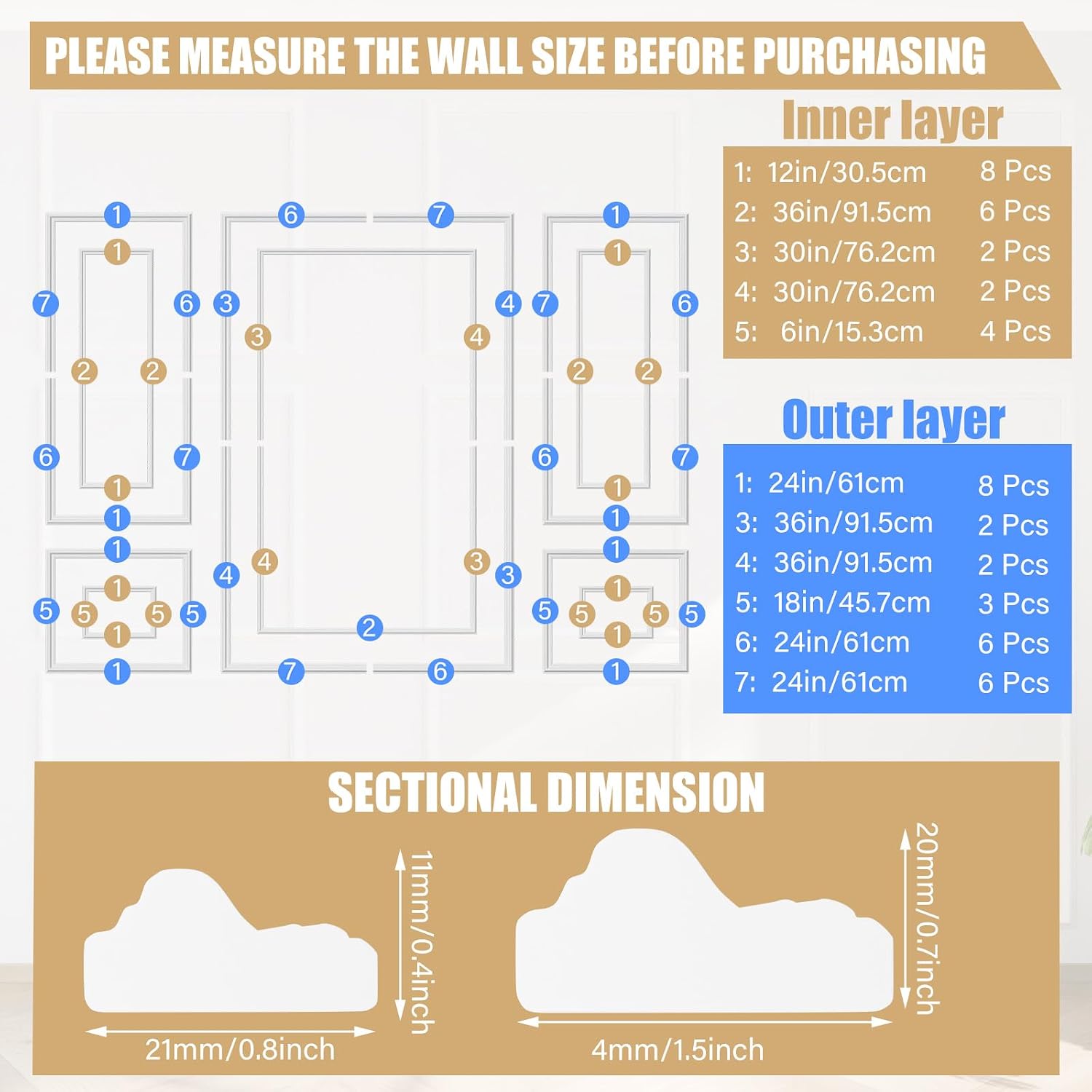 Pangda 3 Set Peel and Stick Wall Molding Kit Inner and Outer Layer Style Premade Wainscoting Panel for Interior Wall Moulding Decor Accent Wall Molding (24x48inch+48x 72inch)