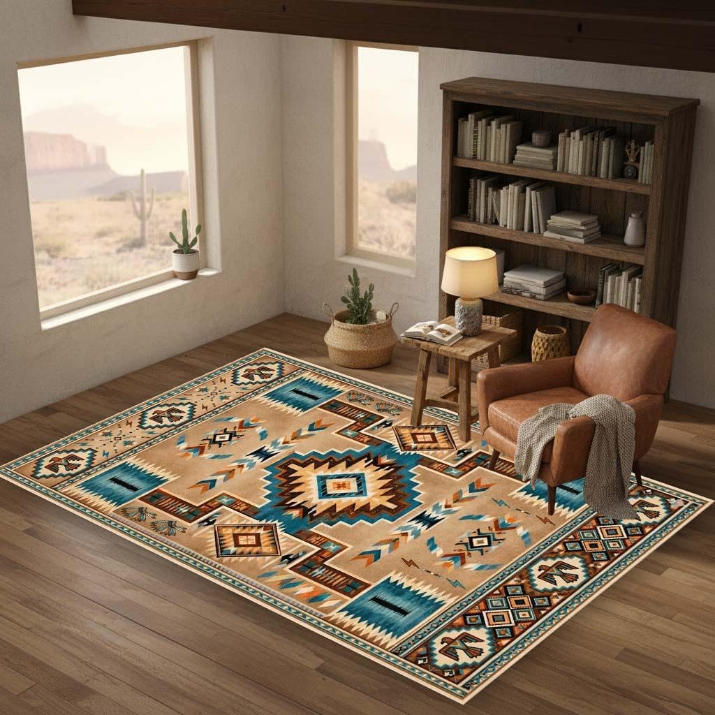 Southwestern Aztec Area Rug 5'x8' Turquoise Beige Navajo Tribal Carpet, Rustic Western Farmhouse Rug, Non Slip Washable Low Pile for Living Room Bedroom Cabin Decor