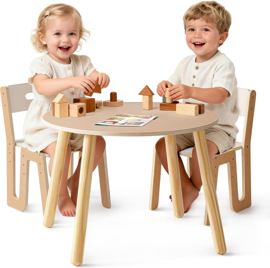 ROBOTIME Wooden Kids Table and Chairs, Adjustable Height Toddler Table and Chair Set, Round Kids Desk and Chair Set for Ages 3+, Sturdy Design, Easy to Clean, Perfect for Study, Playroom & Mealtime