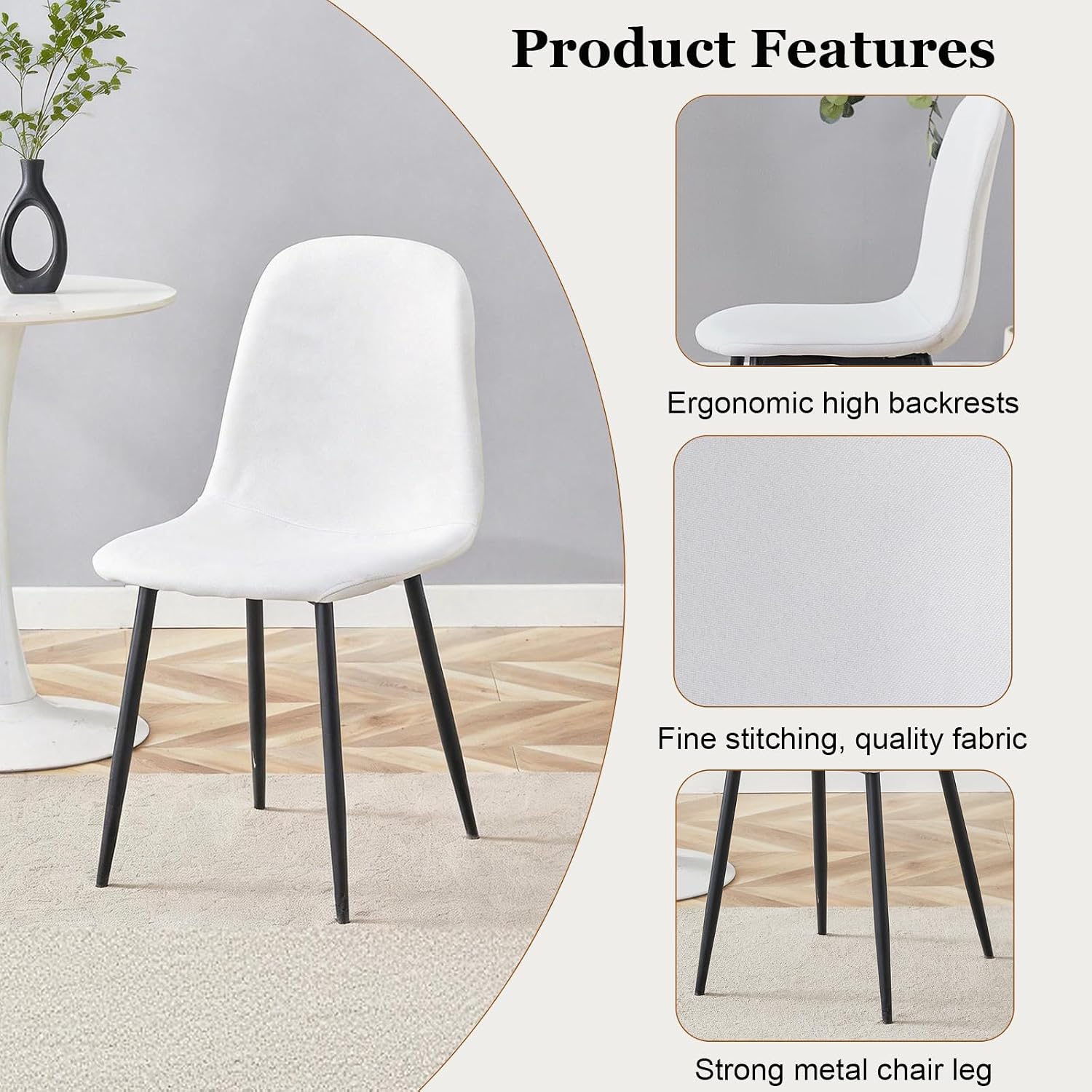 Round Dining Table Set for 4, Rustic 36' Circle Kitchen Table and 4 White Linen-Cotton Dining Chairs, Solid Metal Frame, Space Saving Wood Small Kitchen & Dining Room Furniture