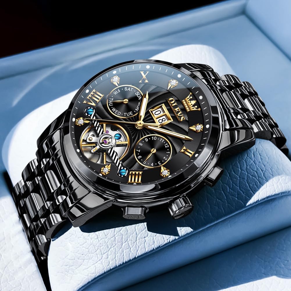 OLEVS Mens Watches Luxury Waterproof Luminous Easy Read Chronograph Watches Full Gold/White Dail/Black Face with Calendar Wrist Watches