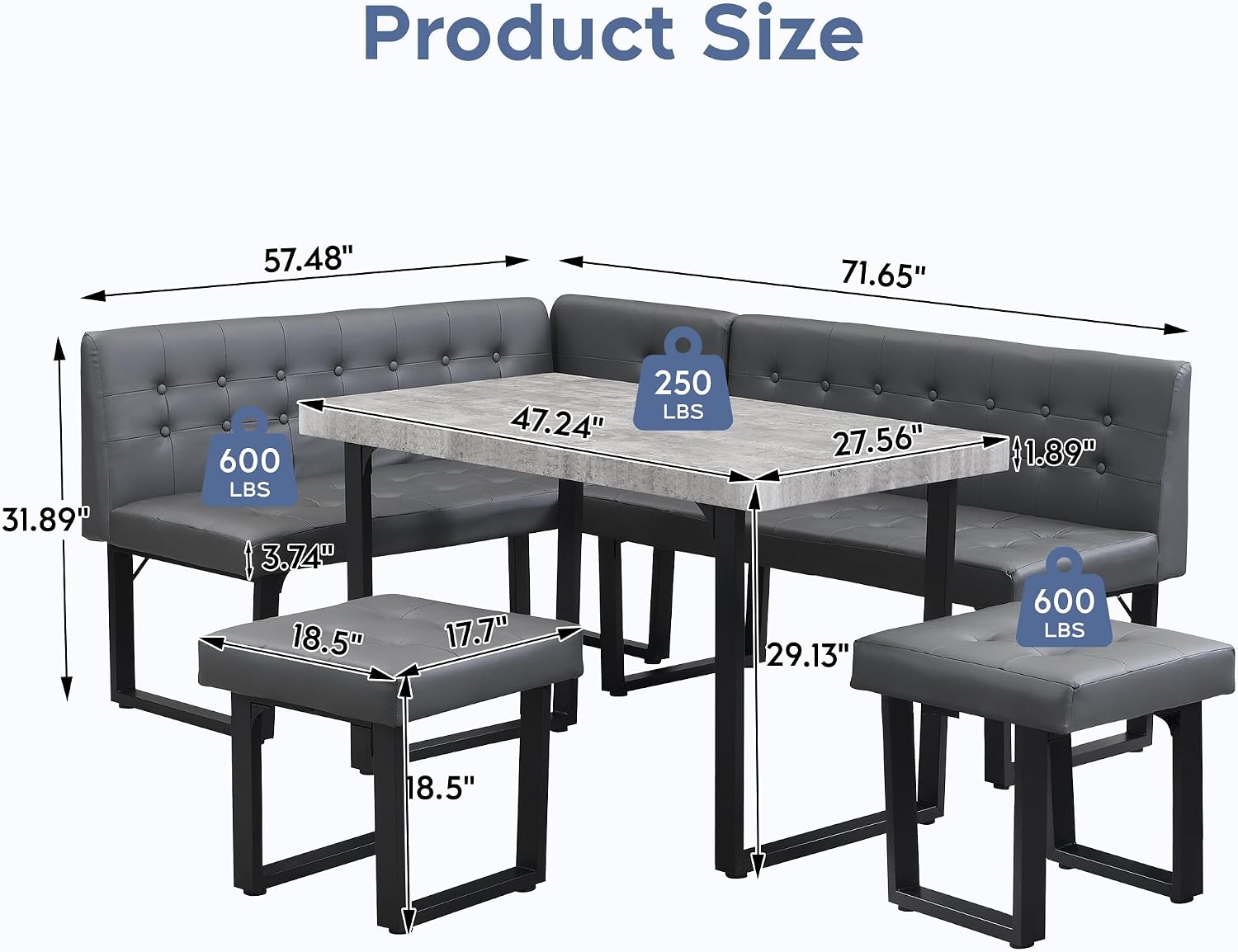 XIAO WEI Corner Dining Table Set for Small Spaces, 72 Inch Breakfast Nook with Storage Banquette, 5 Piece Dining Set with Upholstered Bench, Modern Grey