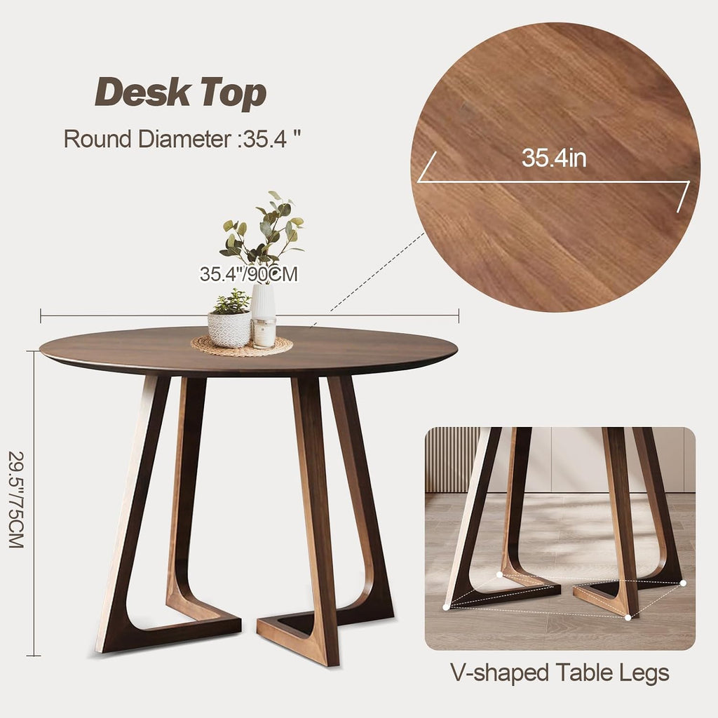 Walnut Round Dining Table for 4, 35.4' Small Wood Round Kitchen Table with Solid Wood Legs, Mid Century Modern Dining Room Tables for Home, Restaurant,Circle Coffee Table for Small Space