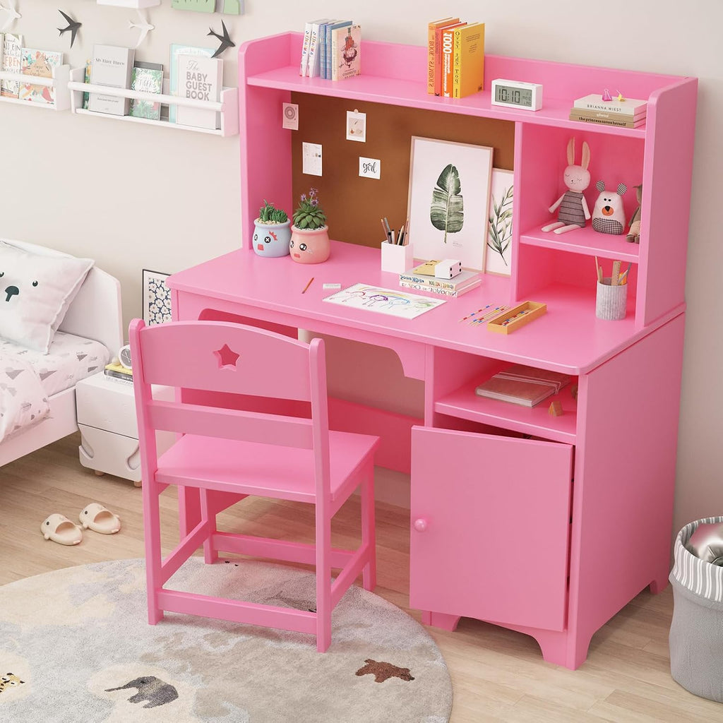 GarveeHome Kids Desk & Chair Set with Hutch, Storage Cabinet, Wooden Children Student Writing Table Computer Workstation for Kids Bedroom & Study Room