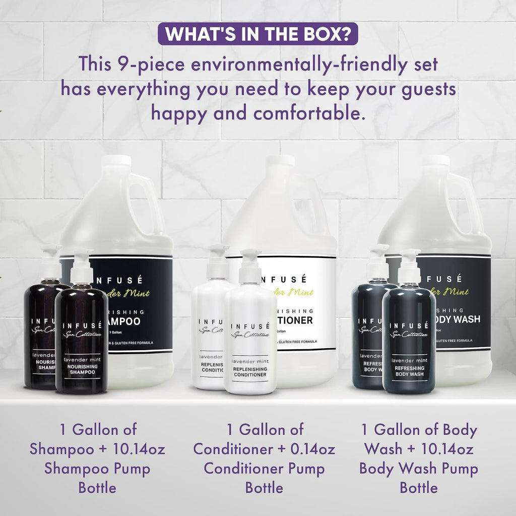Infuse Lavender Mint Gallon & Dispenser Set | 1-Shoppe Amenities Kit | Shampoo, Conditioner, Body Wash | Refillable 10.14 oz Pump Bottles