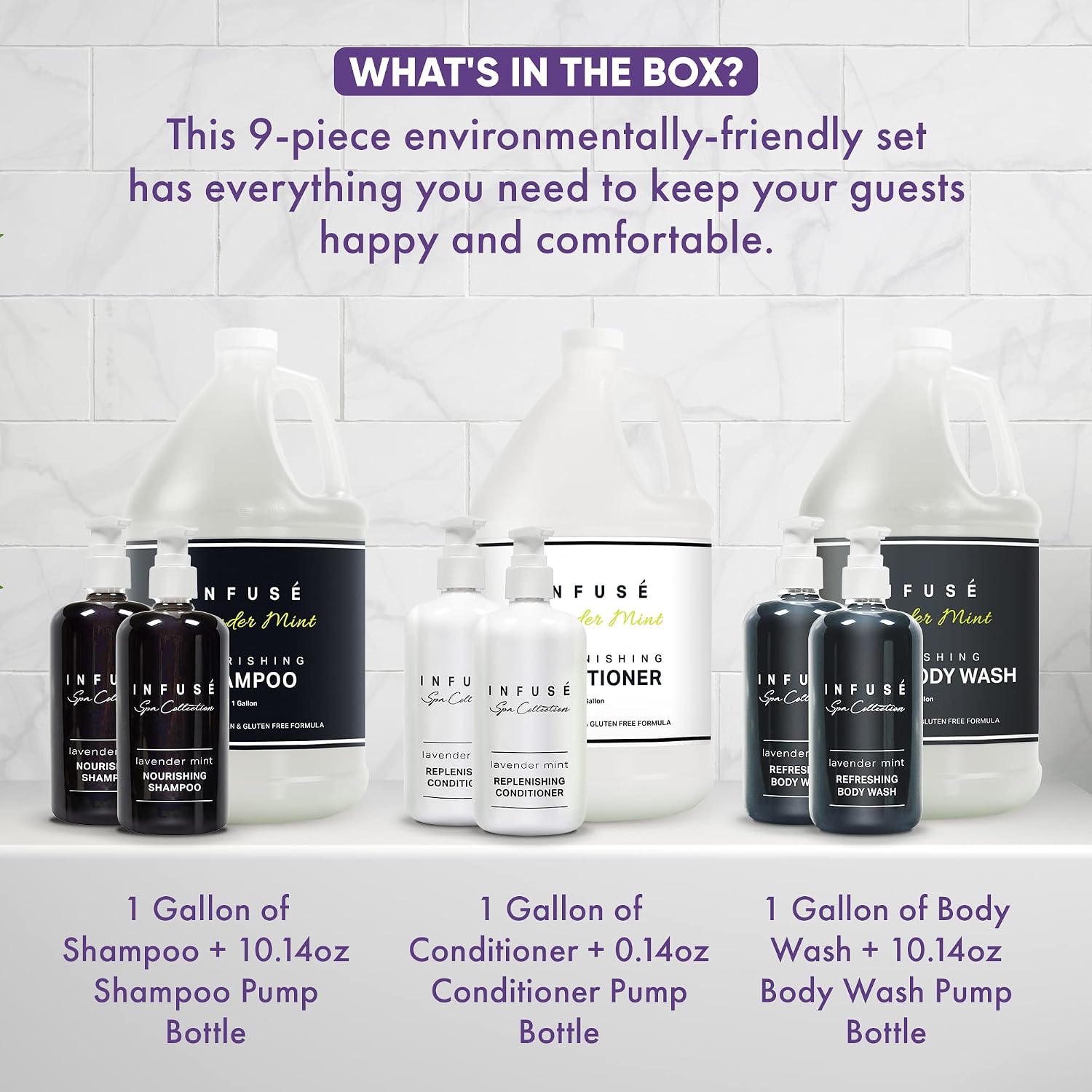 Infuse Lavender Mint Gallon & Dispenser Set | 1-Shoppe Amenities Kit | Shampoo, Conditioner, Body Wash | Refillable 10.14 oz Pump Bottles