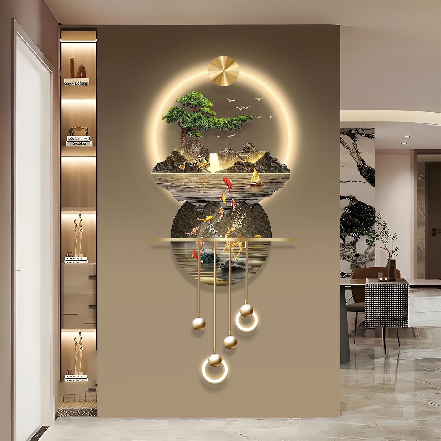 LED Light Decor Wall Art, 3D Art Wall Decor with Light, Decors Walls Sculptures Large 3D Art, Decors Walls Sculptures Lighting Modern, Plug-in Power Supply, Gold C, 19x47IN