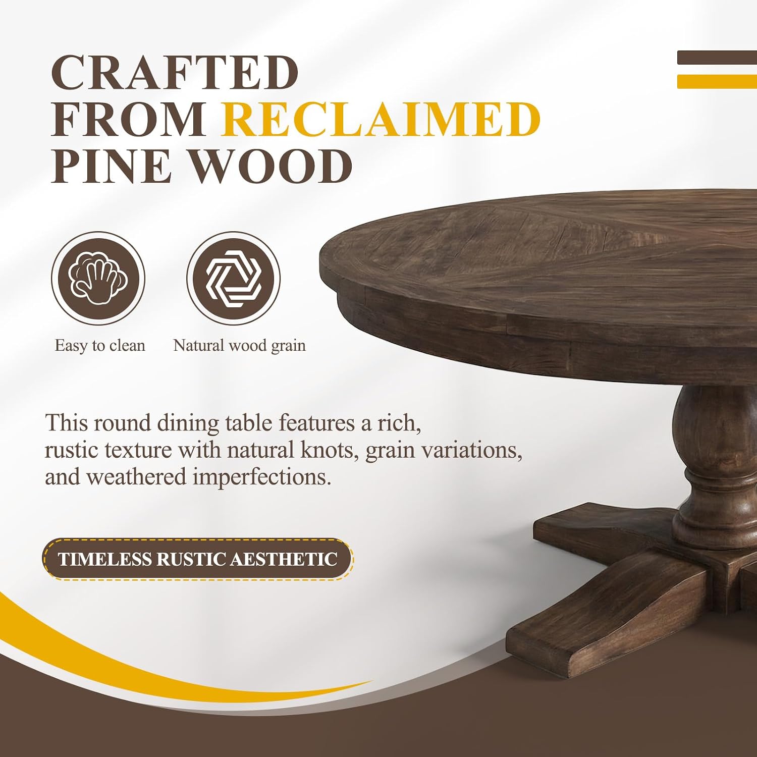 60' Round Dining Table, Reclaimed Wood Kitchen Table for 6-8 Farmhouse Circle Kitchen Table with Pedestal Curved Leg for Kitchen Dining Room Restaurant - Weathered Brown