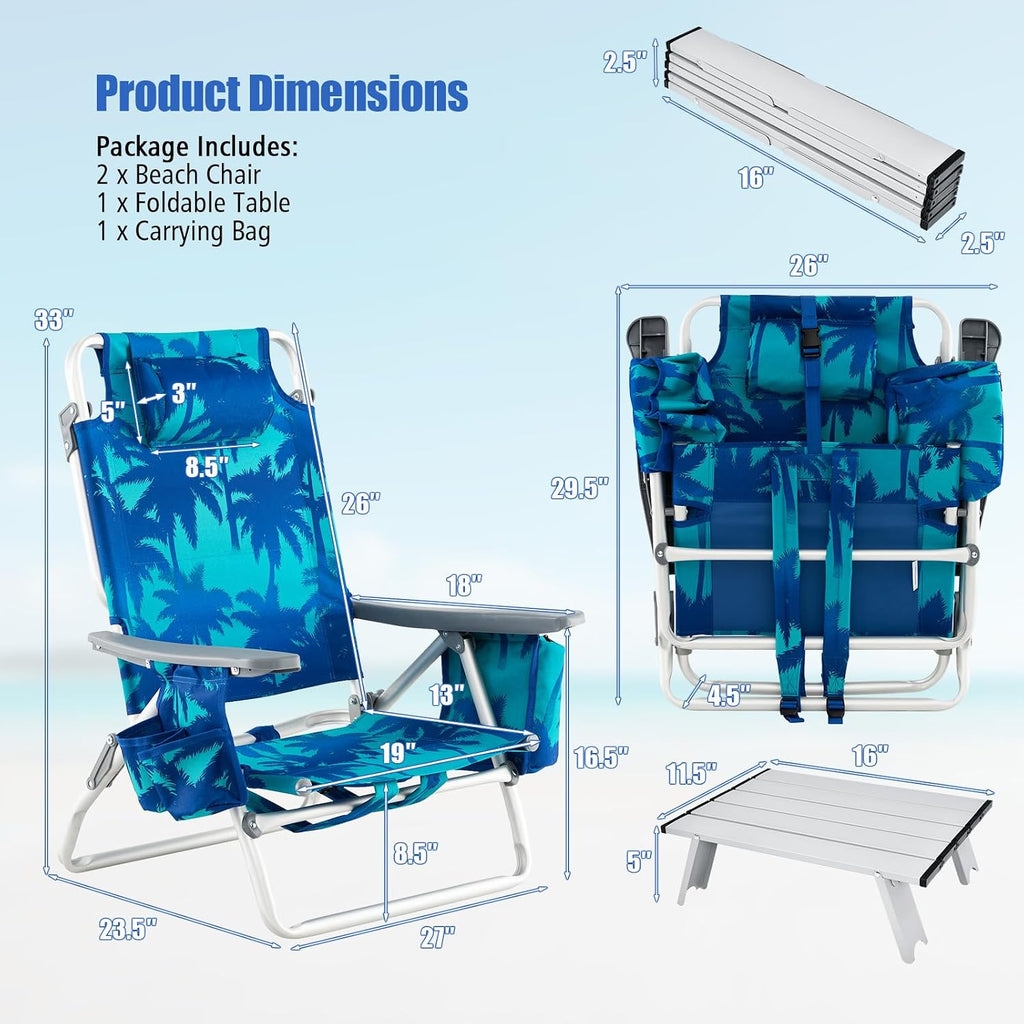 Tangkula Backpack Beach Chair with Table, 5-Position Lay Flat Beach Chairs with Cooler Bag, 2 Cup Holders, Towel Bar, Lightweight Low Folding Beach Chair with Backpack Straps