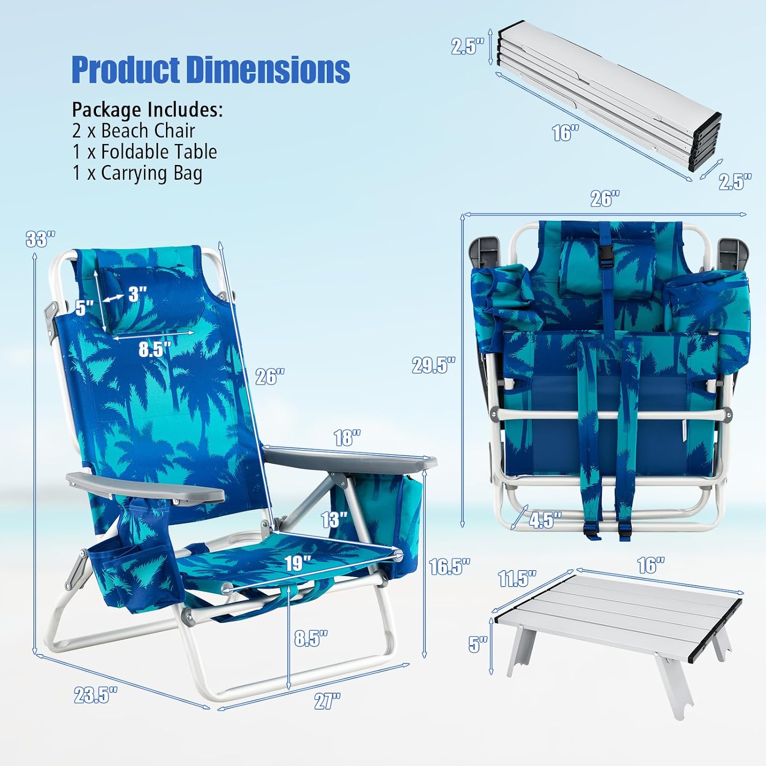 Tangkula Backpack Beach Chair with Table, 5-Position Lay Flat Beach Chairs with Cooler Bag, 2 Cup Holders, Towel Bar, Lightweight Low Folding Beach Chair with Backpack Straps