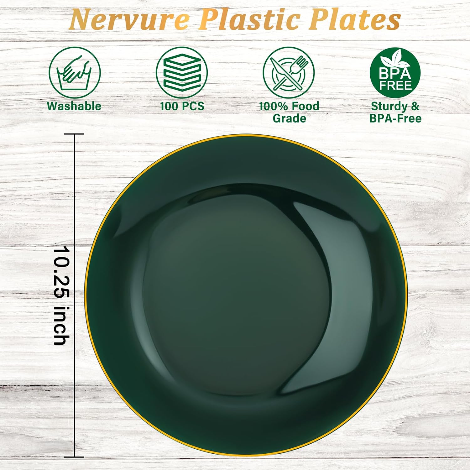 Nervure 100Pcs Green and Gold Plastic Plates - 10.25inch Disposable Green Dinner Plates - Heavy Duty Plastic Plate Ideal for Wedding & Party (Pack of 2)