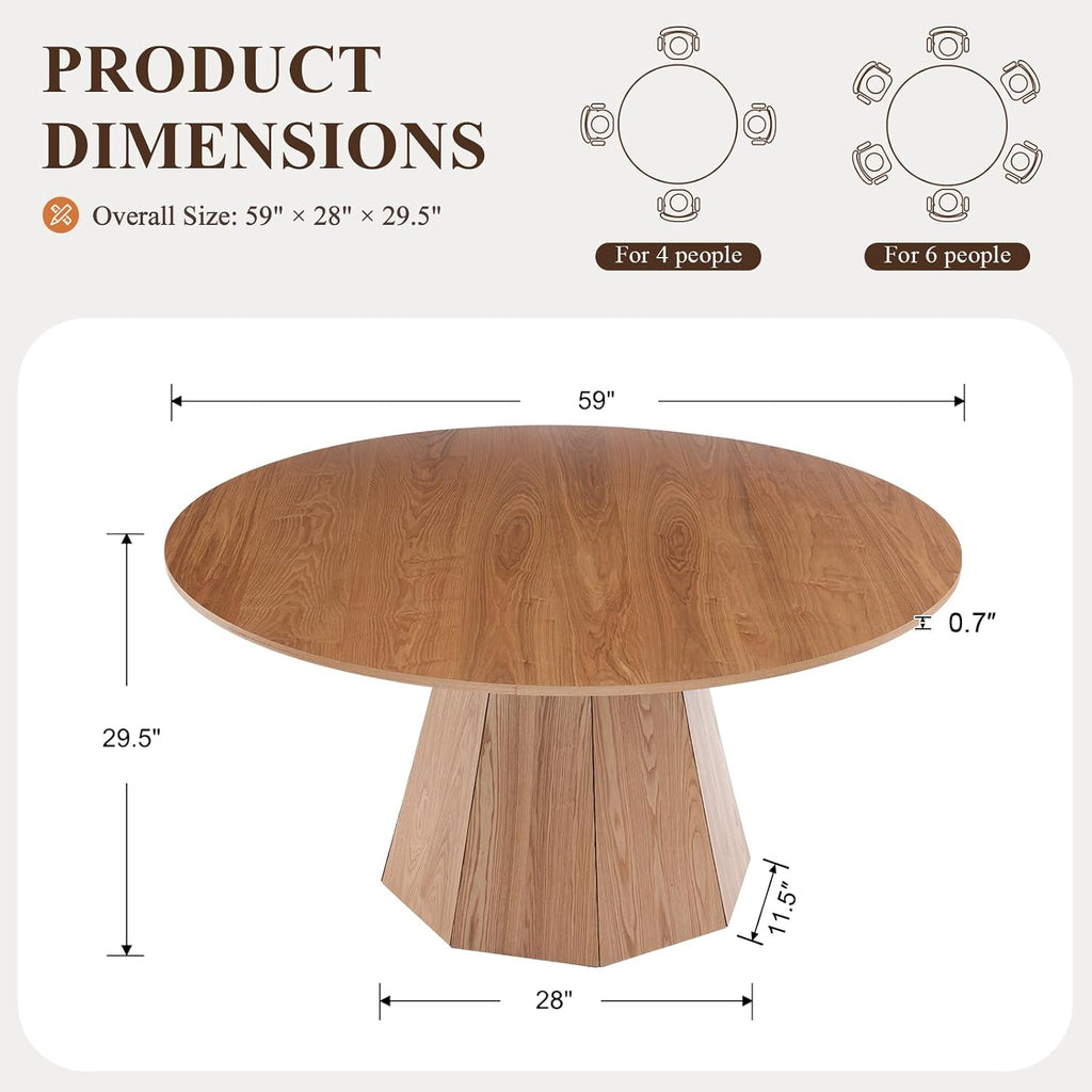 BESTANO 59' Round Dining Table for 4-6 People, Kitchen Dining Room Table with Wooden Pedestal Base, Circle Dinner Pedestal Dining Table for Dining Room (Table Only), Brown
