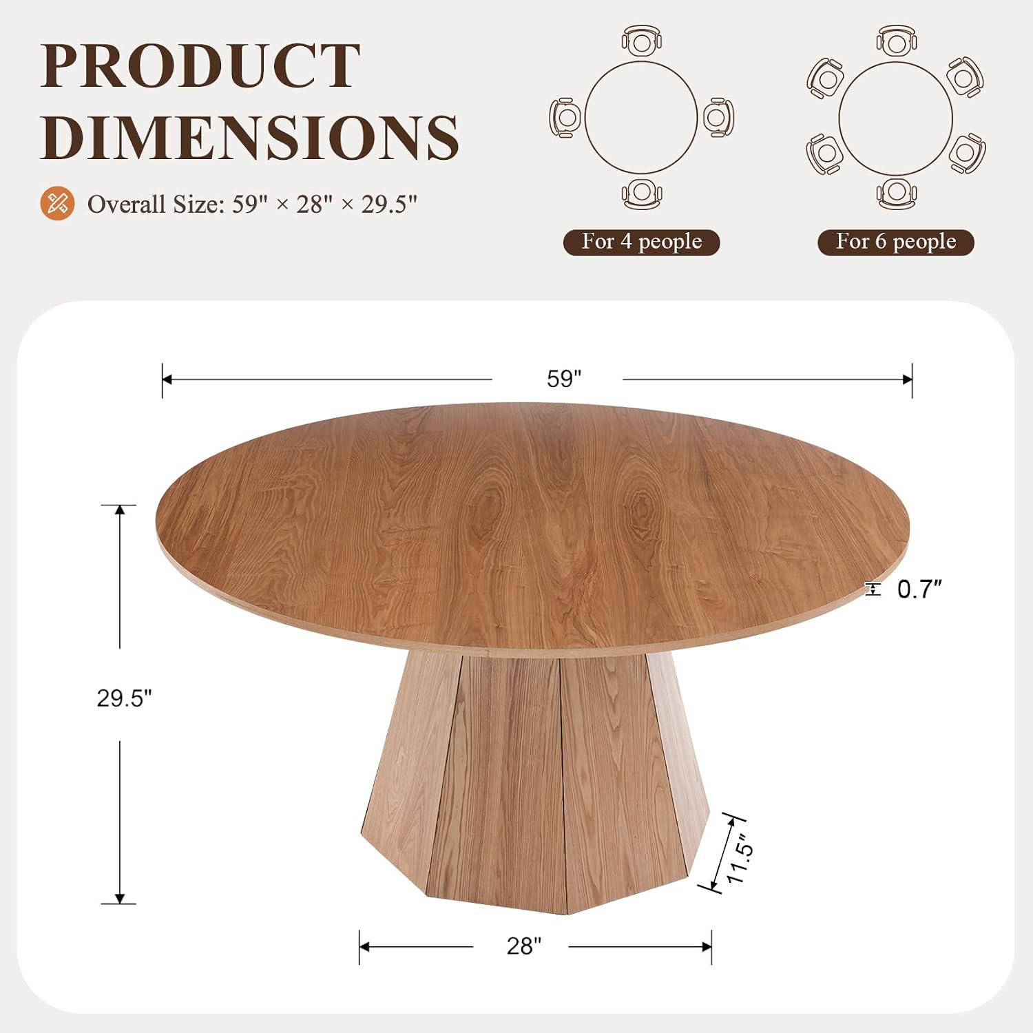 BESTANO 59' Round Dining Table for 4-6 People, Kitchen Dining Room Table with Wooden Pedestal Base, Circle Dinner Pedestal Dining Table for Dining Room (Table Only), Brown