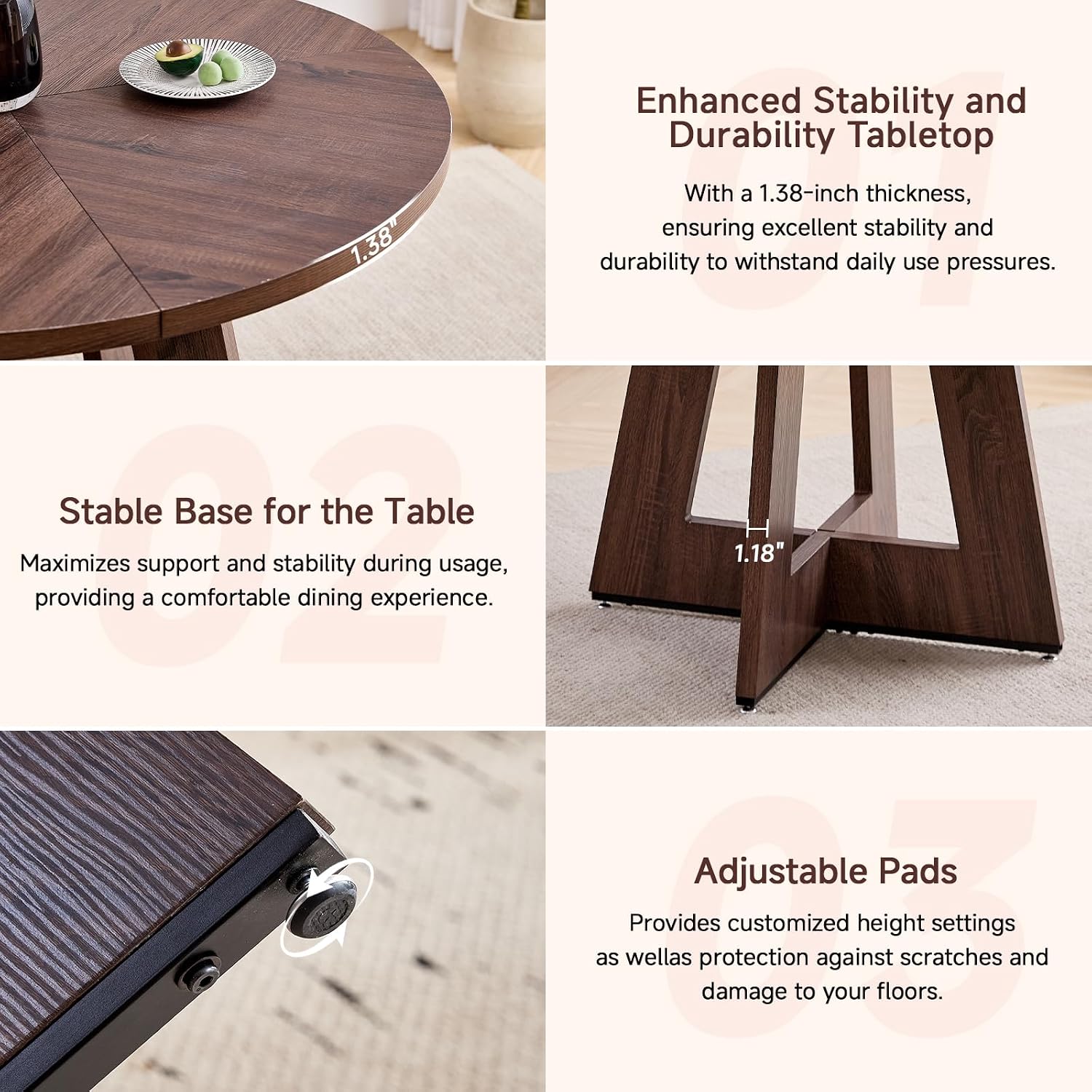 47 inch Round Dining Table Set for 4 with Chairs Kitchen Table and Chairs Set Mid-Century Modern Round Wood Kitchen Tables with Upholstered Synthetic Leather Chairs Set of 4