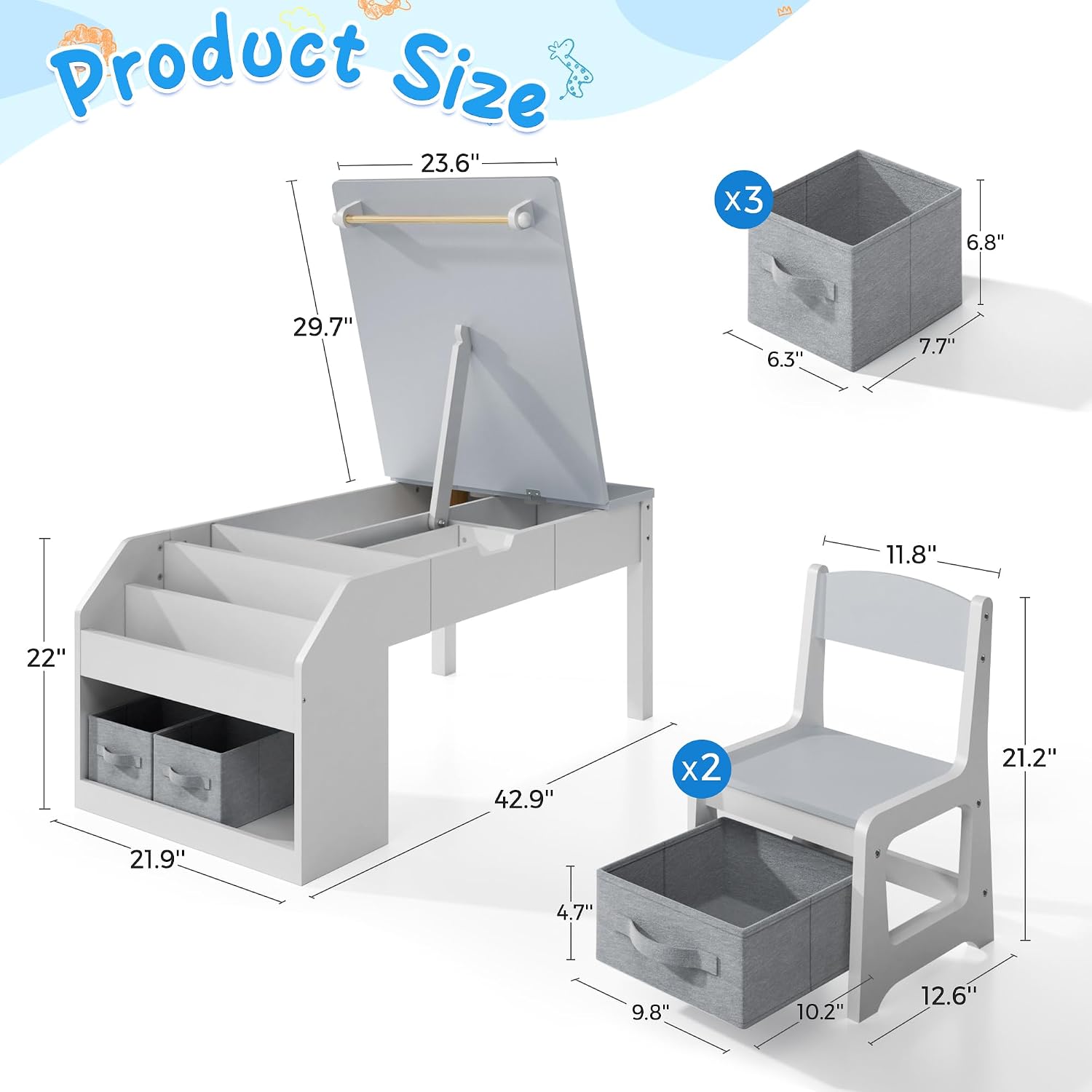 5-in-1 Kids Art Table and Chairs, Toddler Table and Chair Set, Craft Play Desk for Kids, Convertible Art Easel with Paper Roll Holder & Storage Drawers, Children Activity Learning Center-Gray
