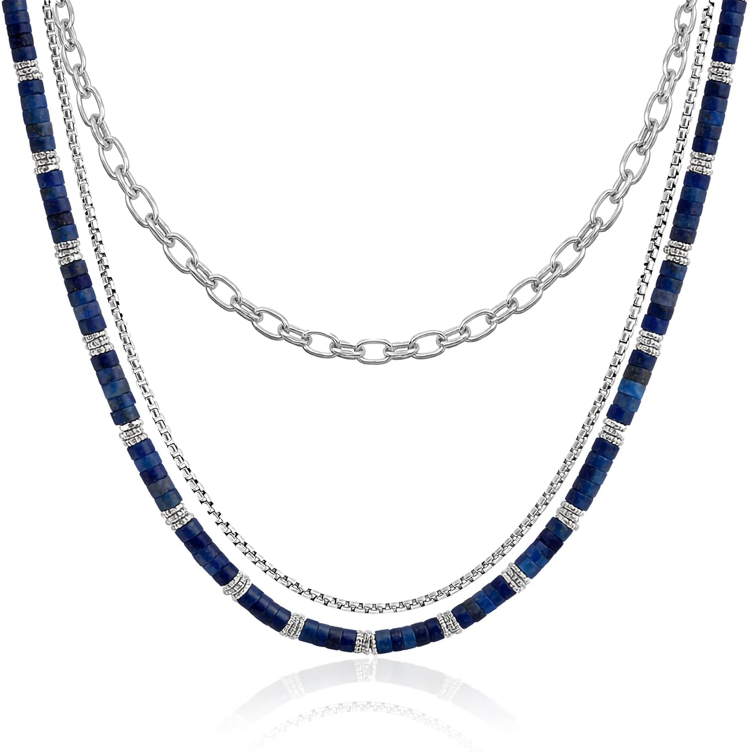 JEAN RACHEL JEWELRY Men's 3-Piece Necklace Layering Set - Hammered Link Chain, Sleek Box Chain & Lapis Lazuli Beads - Royal Blue Bundle