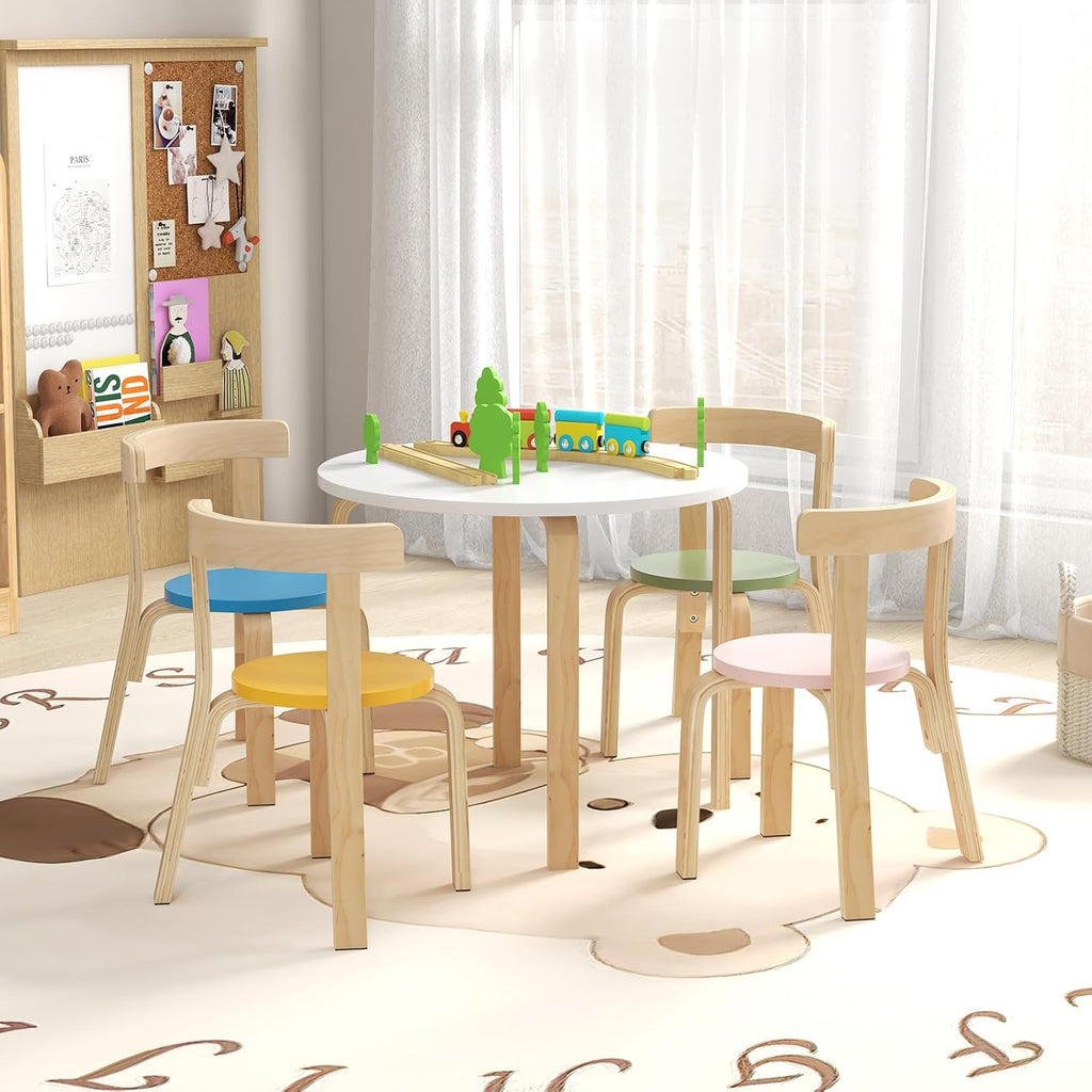 HONEY JOY Kids Table and Chair Set, Bentwood Toddler Round Table and 4 Chairs for Craft Art, Building Block, 5-Piece Children Furniture Set for Daycare, Kindergarten, Playroom (Colorful)