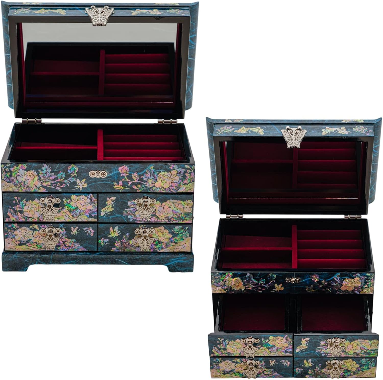 February Mountain Mother of Pearl Wooden Jewelry Organizer Box – Jewelry Storage Box for Women, Features Spacious Drawers, Ideal for Rings, Bracelets, Watches, Chains, Accessories (Peony_Blue)