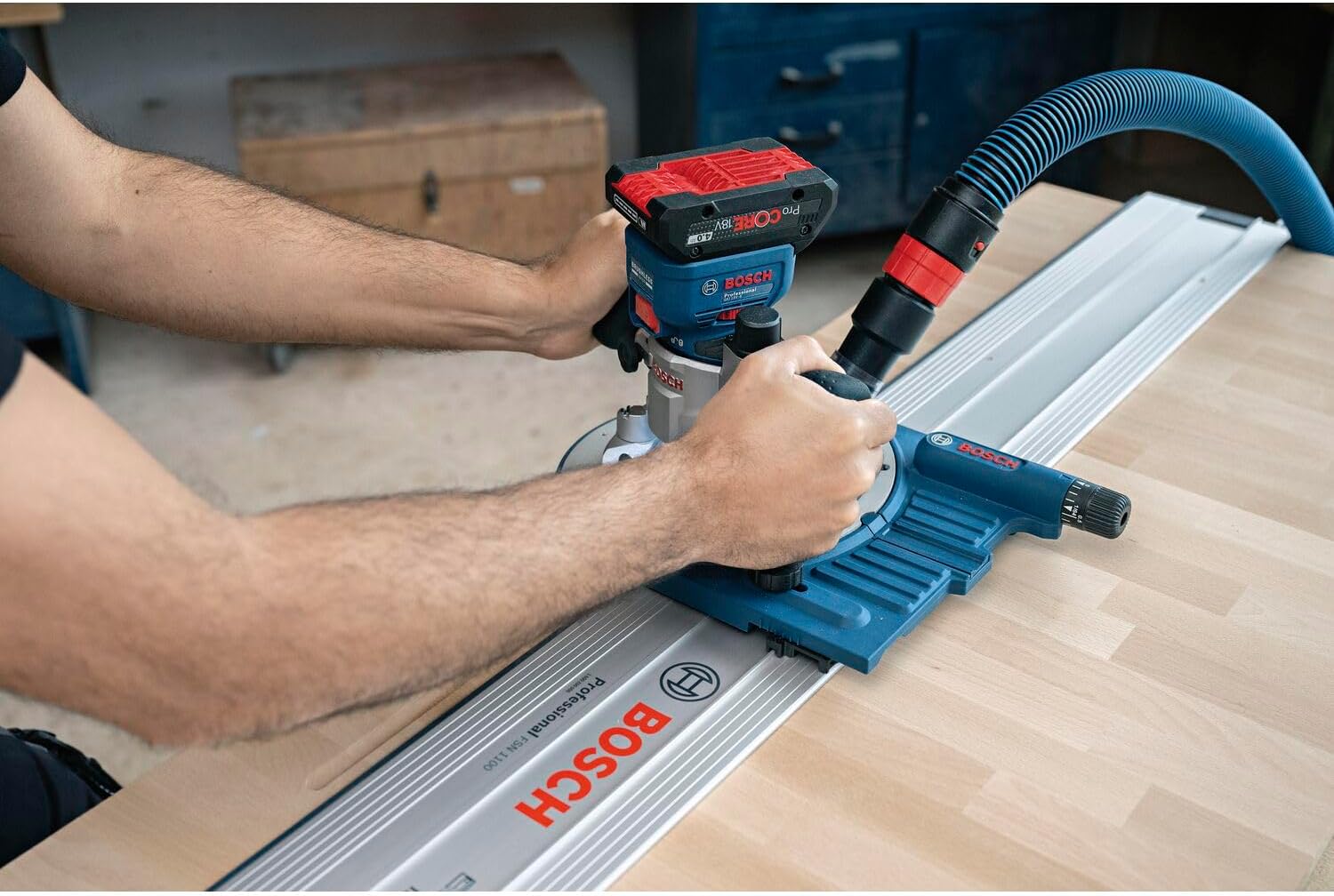 Bosch Professional 18V System Cordless Router GKF 18V-8 (incl. Parallel Guide, 2X Routing vac adaptors, Chip Shield, 8mm Collet, Wrench, Without Battery/Charger)
