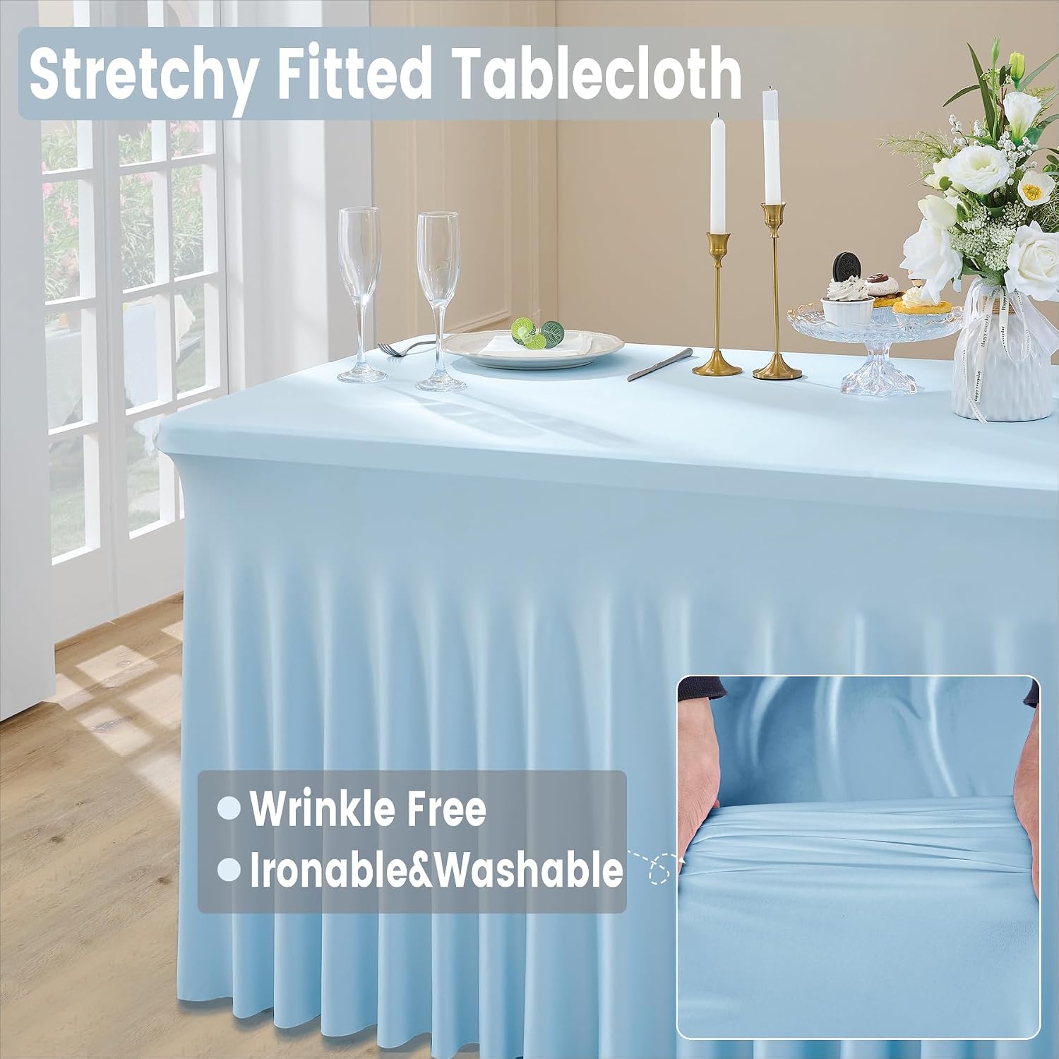 Outpain 6Pack Baby Blue 8FT x 8FT Rectangular Spandex Polyester Blend Tablecloth for Standard Folding Tables - Set of 6