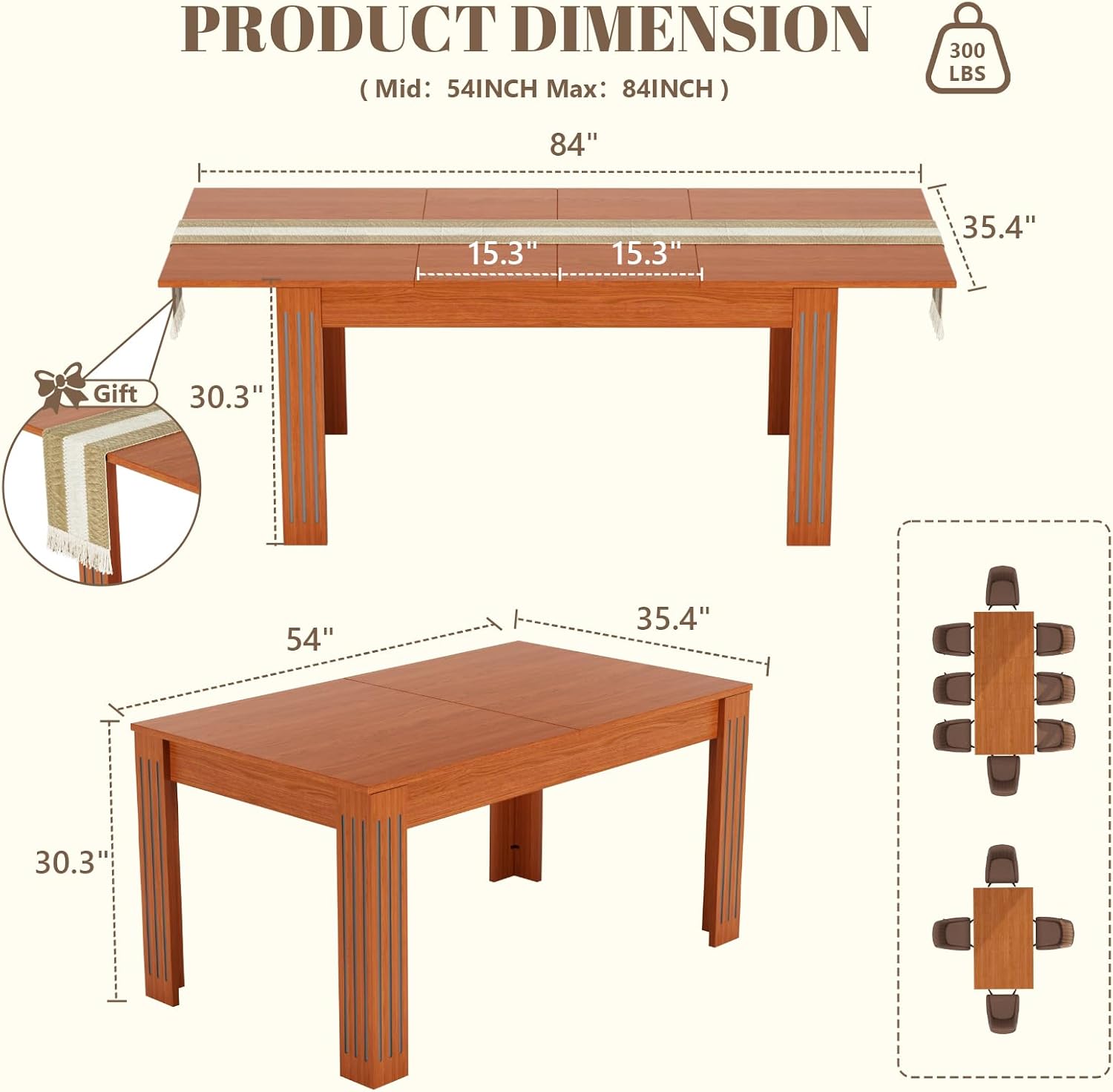 Extendable Dining Table, 54-85 Inch Expandable Table for 4-10 People, Modern Rectangular Dining Table, Space-Saving for Kitchen & Dining Room