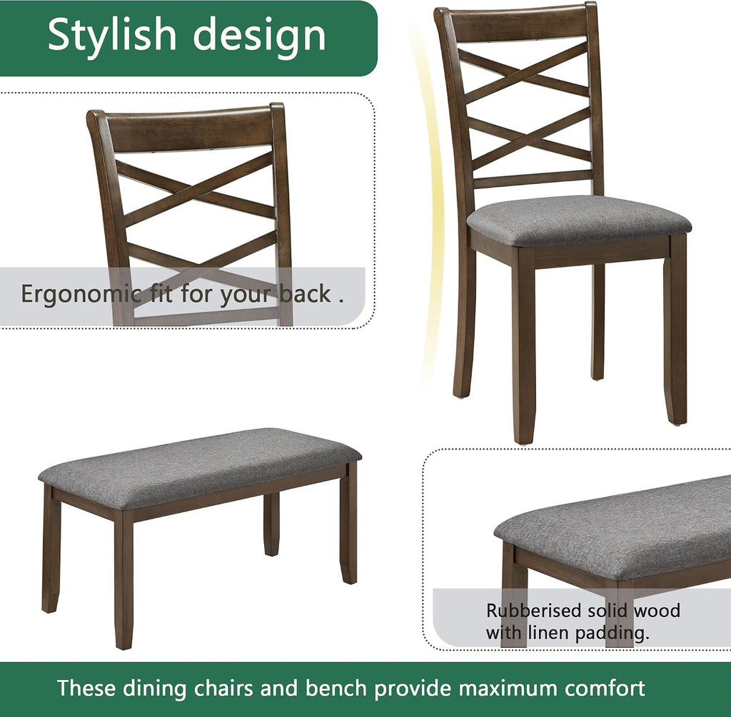 KEIKI 6-Piece Standard Height Dining Table Set with Rectangular Table, 4 Upholstered Cross Backrset Chair, Bench, for 6 Person, Modern Style Table Set, Easy Assembly, for Kitchen, Dining Room, Walnut