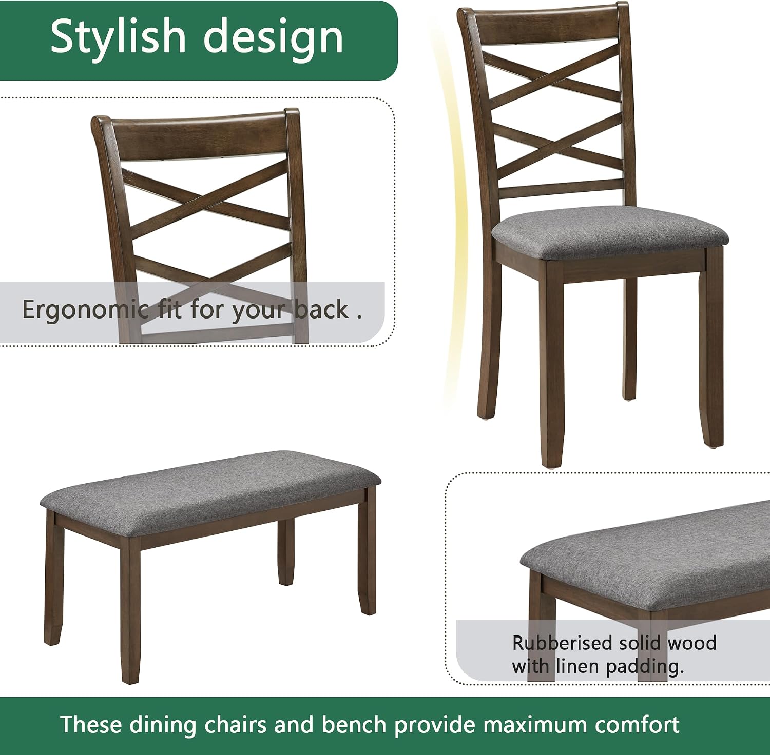 KEIKI 6-Piece Standard Height Dining Table Set with Rectangular Table, 4 Upholstered Cross Backrset Chair, Bench, for 6 Person, Modern Style Table Set, Easy Assembly, for Kitchen, Dining Room, Walnut