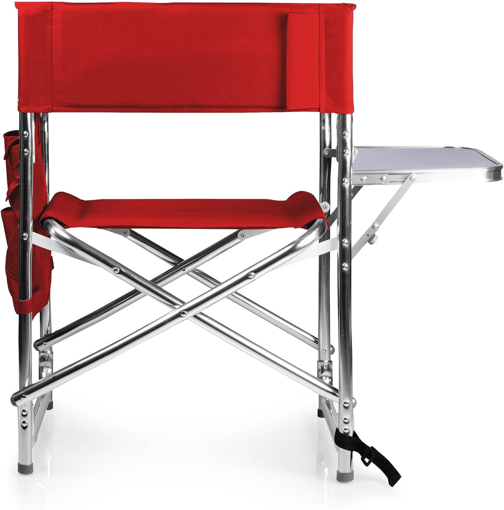 PICNIC TIME Sports Chair with Side Table and Armrest Caddy, Lightweight Aluminum Folding Outdoor Camping Chair for Adults, Portable Director Style Lawn Seating with Pockets & Carry Strap, (Red)