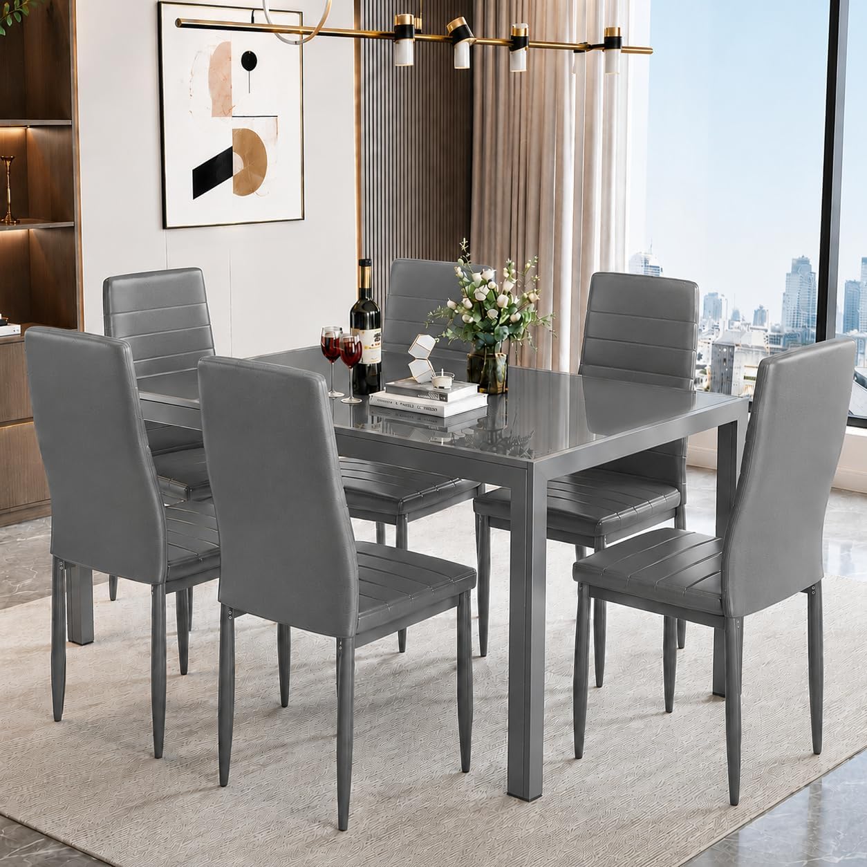 Recaceik 7 Piece Dining Table Set for 6, Tempered Glass Kitchen Table and PU Leather Chairs, Modern Dining Room Table Set for Small Space, Apartment