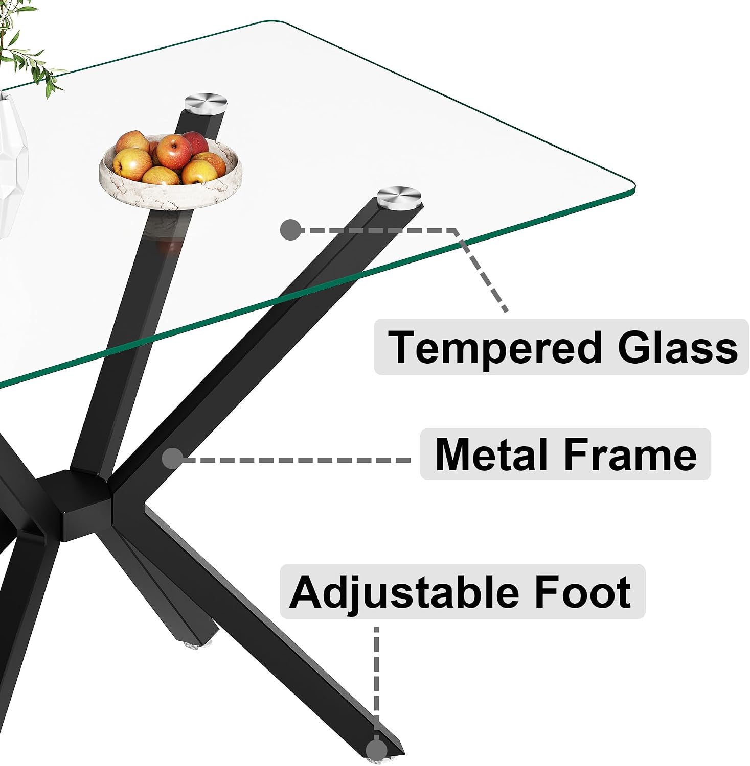 47.2' Glass Dining Table, Modern Kitchen Table for 4 People, Contemporary Rectangular Dining Room Dinner Tables with Clear Glass Top & Black Metal X Legs for Kitchen Apartment