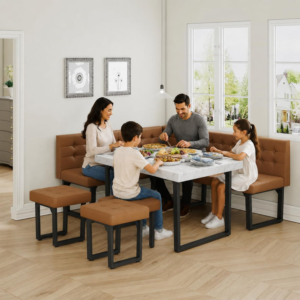 XIAO WEI Corner Dining Table Set for Small Spaces, 72 Inch Breakfast Nook with Storage Banquette, 5 Piece Dining Set with Upholstered Bench, Modern Caramel Brown
