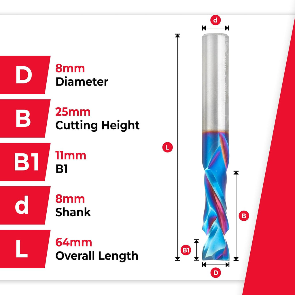 Amana Tool Spektra Extreme Tool Life Coated Solid Carbide CNC Compression Spiral Router Bit, 48306-K, 8mm D x 25mm CH x 8mm Shank x 64mm Long
