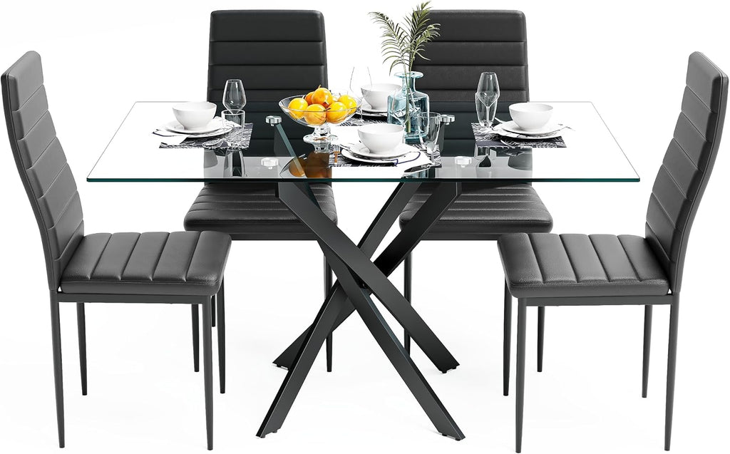 5 Piece Dining Table Table Set, Tempered Glass Dining Table Set for 4 Kitchen Table Set with 4 Upholstered High-Back Chairs for Kitchen Dining Room (Black Table with Black Chair)