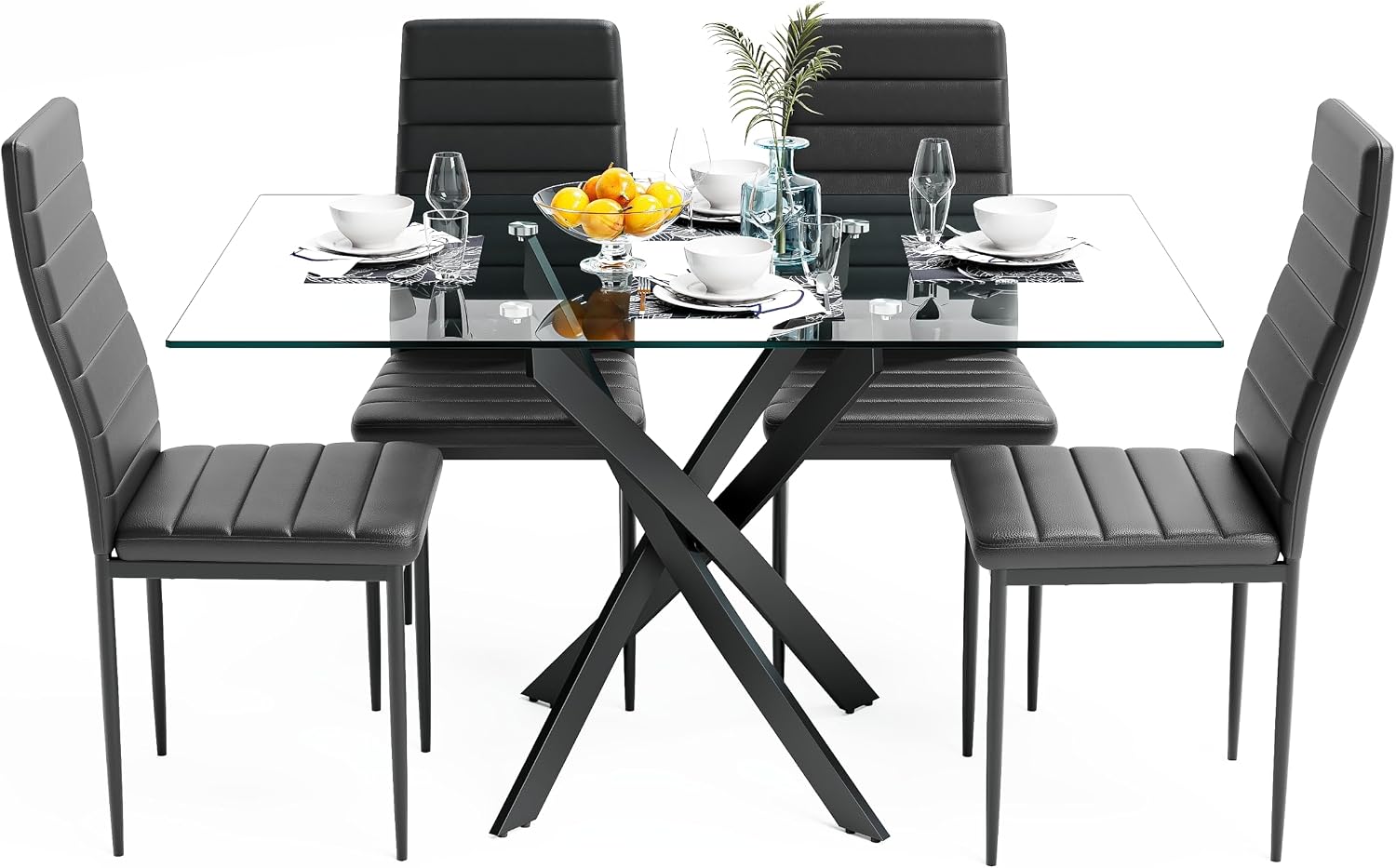 5 Piece Dining Table Table Set, Tempered Glass Dining Table Set for 4 Kitchen Table Set with 4 Upholstered High-Back Chairs for Kitchen Dining Room (Black Table with Black Chair)