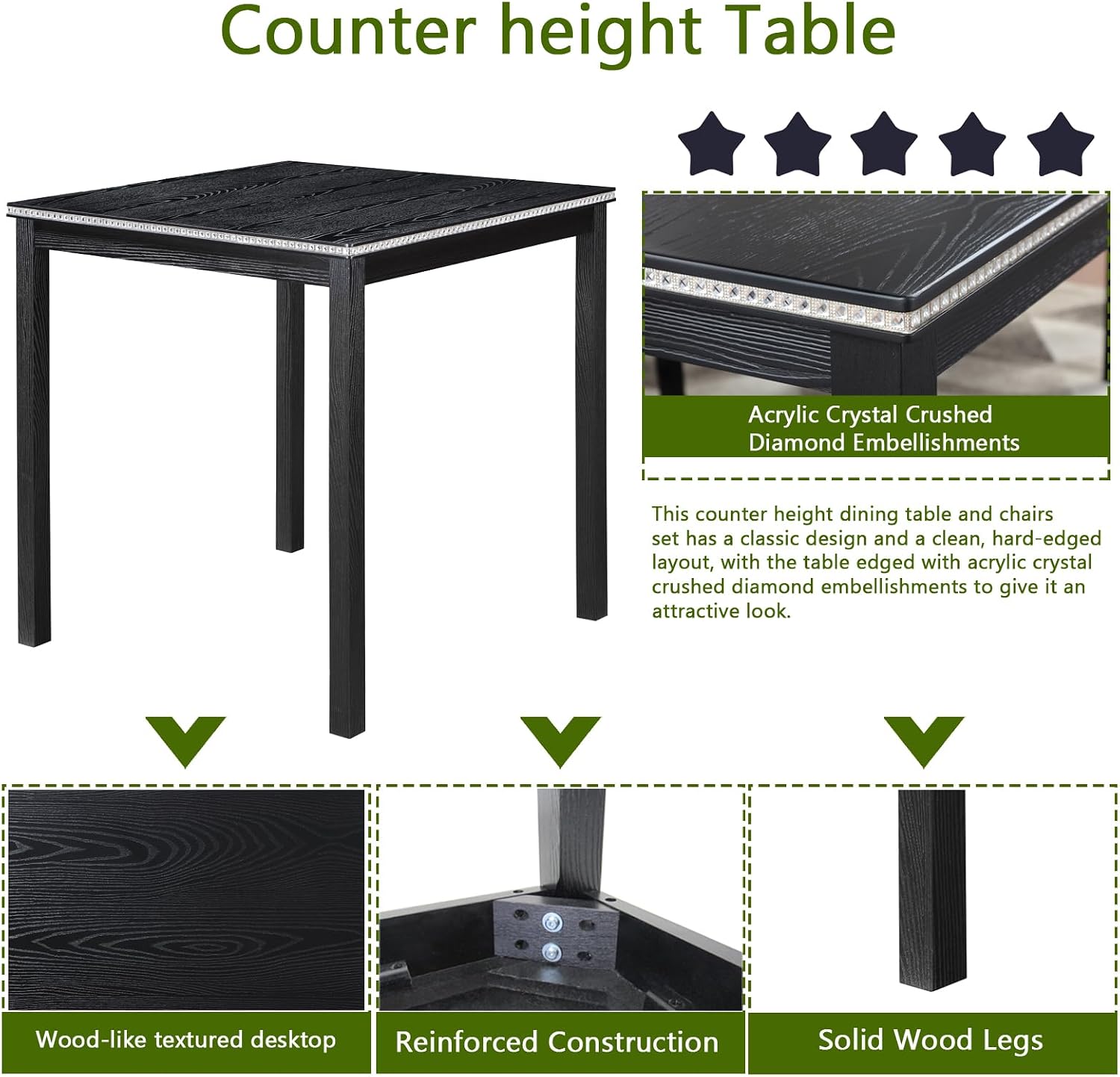 KEIKI 5-Piece Counter Height Dining Table Set with Square Table and 4 Upholstered Chair, for 4 Person, Classic Style Crystal Decoration Wooden Table Set, Easy Assembly, for Kitchen, Dining Room, Black