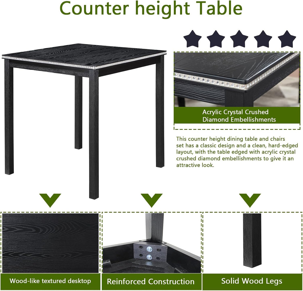LUMISOL Dining Table Set for 4, 5-Piece Solid Wood Counter Height Kitchen Table Set with 4 Upholstered Chairs for Kitchen, Dining Room, Home Bar, Black