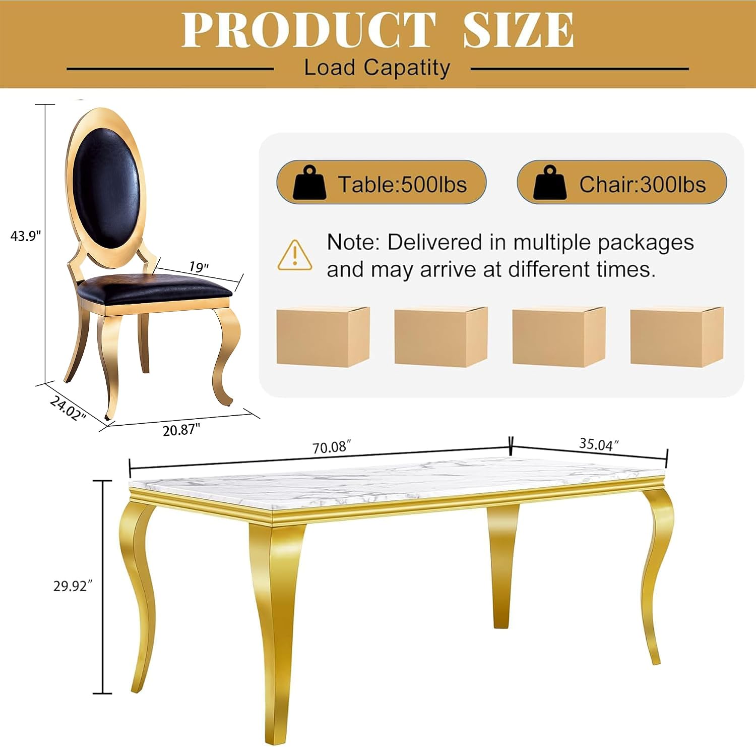 AF ARTISAN FURNITURE Modern Marble Dining Table Set of 4-70' Faux Marble Kitchen Table with 4 Leather Chairs, White Marble Top & Gold Mirrored Stainless Steel Legs, 4 Pieces Black High Back Chairs-c