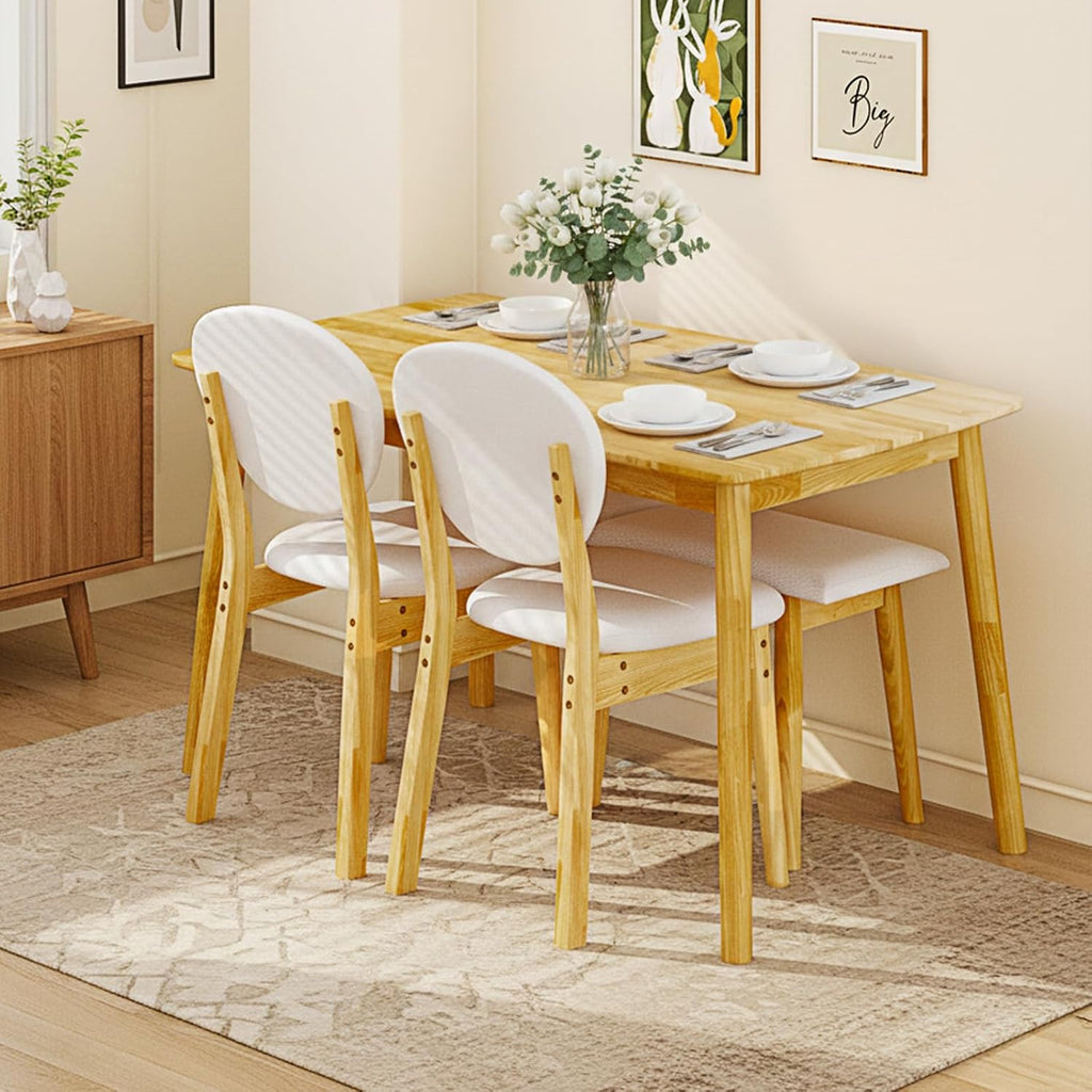 Karl home Dining Table Set for 4, w/ 2 Upholstered Chairs, Bench Seat, 4-Piece Dining Set, Compact Mid-Century Modern Kitchen Table and Chairs for Kitchen/Small Apartment, Solidwood, Nature