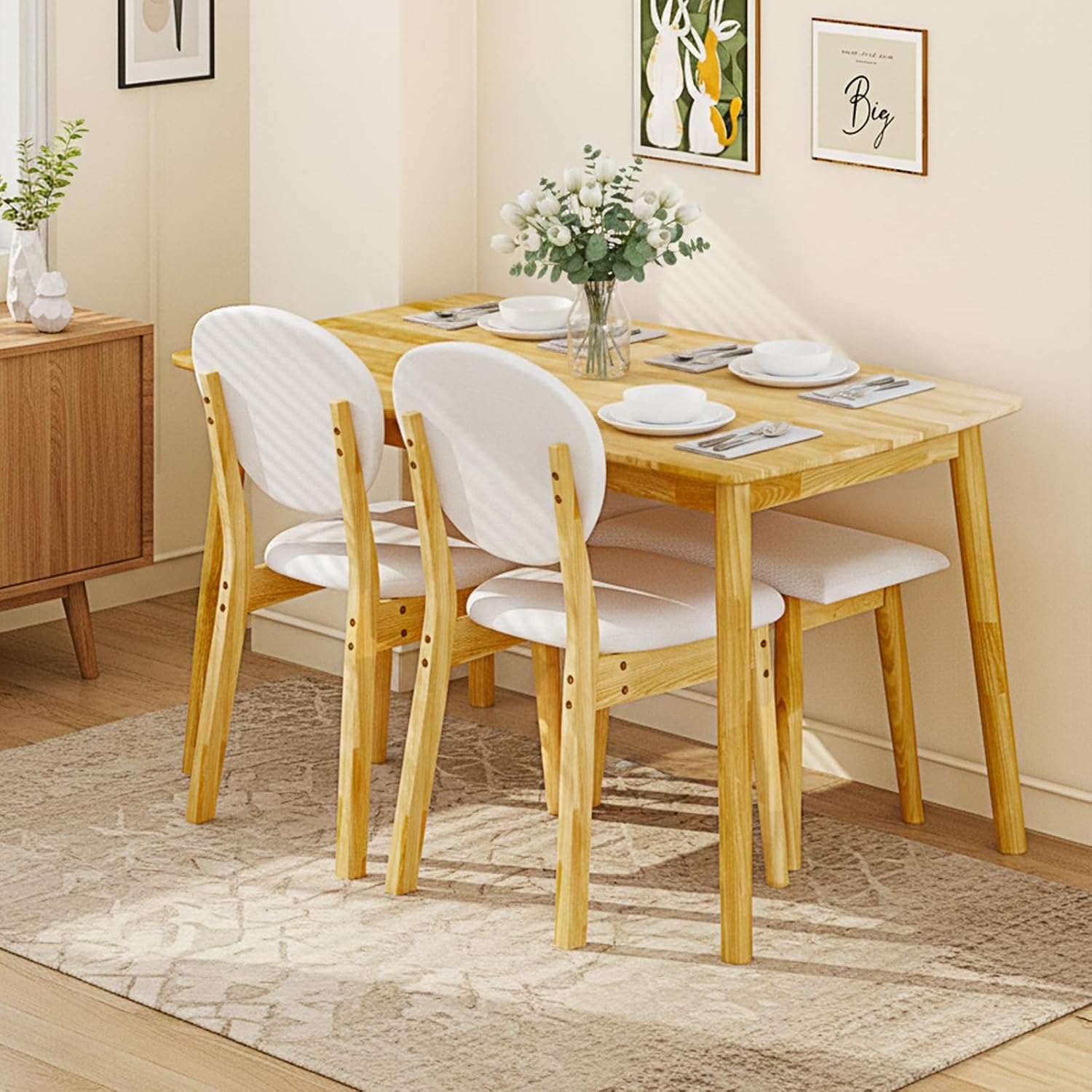 Karl home Dining Table Set for 4, w/ 2 Upholstered Chairs, Bench Seat, 4-Piece Dining Set, Compact Mid-Century Modern Kitchen Table and Chairs for Kitchen/Small Apartment, Solidwood, Nature