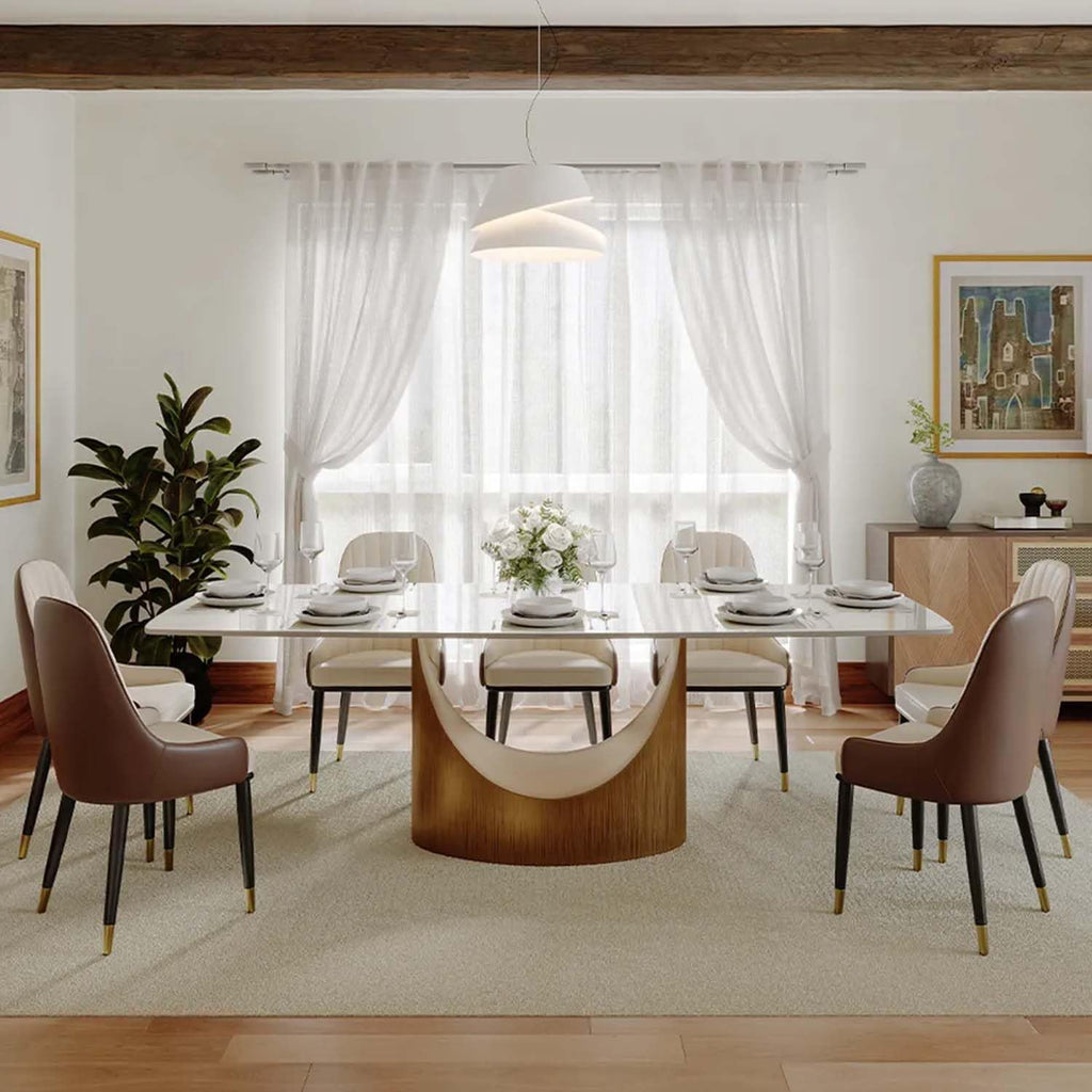 POVISON 94' Modern Dining Table for 8-10, Glossy White Dining Table Sintered Stone Minimalist Tabletop with Bronze Carbon Steel Pedestal for Dining Room (Table Only)