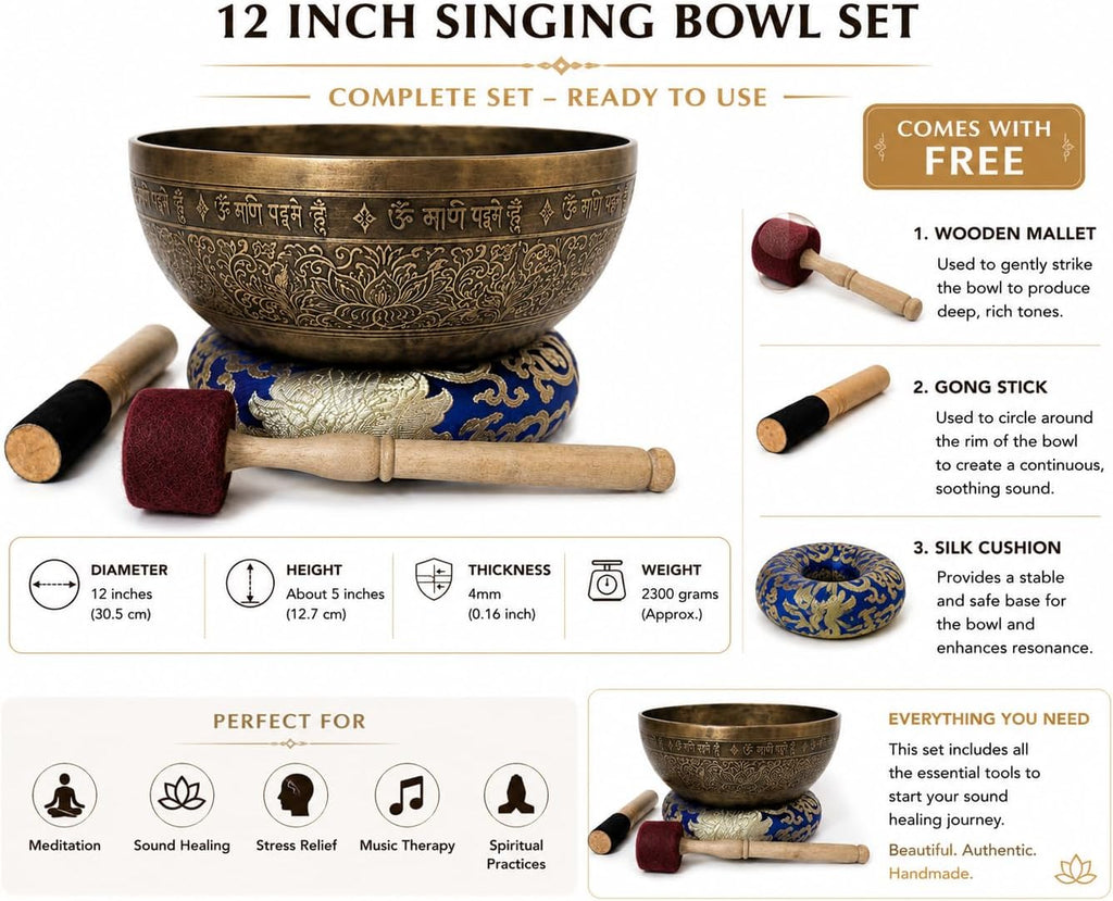 12' Om Mane Padme Hum Mantra Carved Singing Bowl for Meditation, Healing & Music Therapy - Tibetan Handmade Bowls