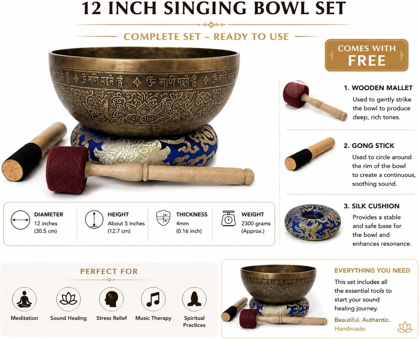 12' Om Mane Padme Hum Mantra Carved Singing Bowl for Meditation, Healing & Music Therapy - Tibetan Handmade Bowls