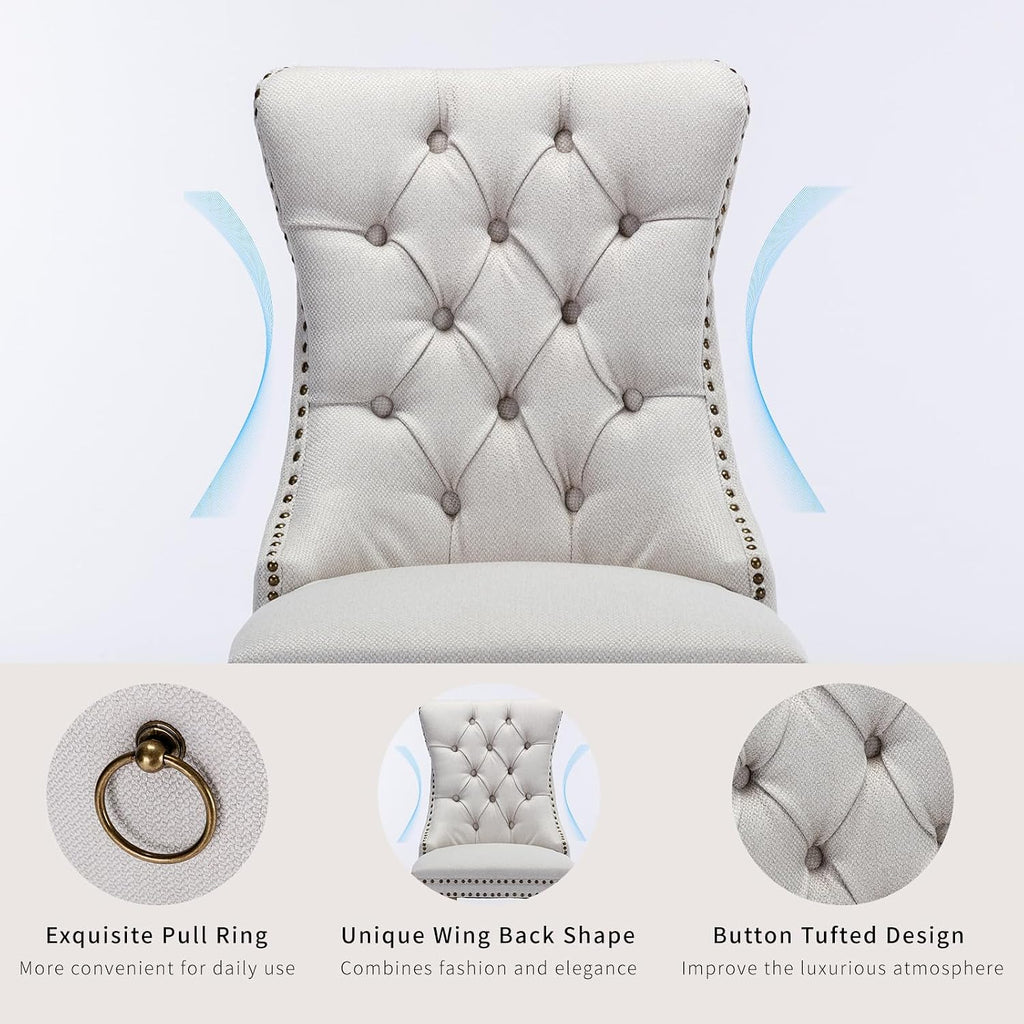 ODUSE-DAILY Beige Linen Dining Chairs Set of 4, Kitchen & Dining Room Chairs Set of 4, Tufted Dining Chairs, Upholstered, Wood Legs (Beige White, 4pcs)