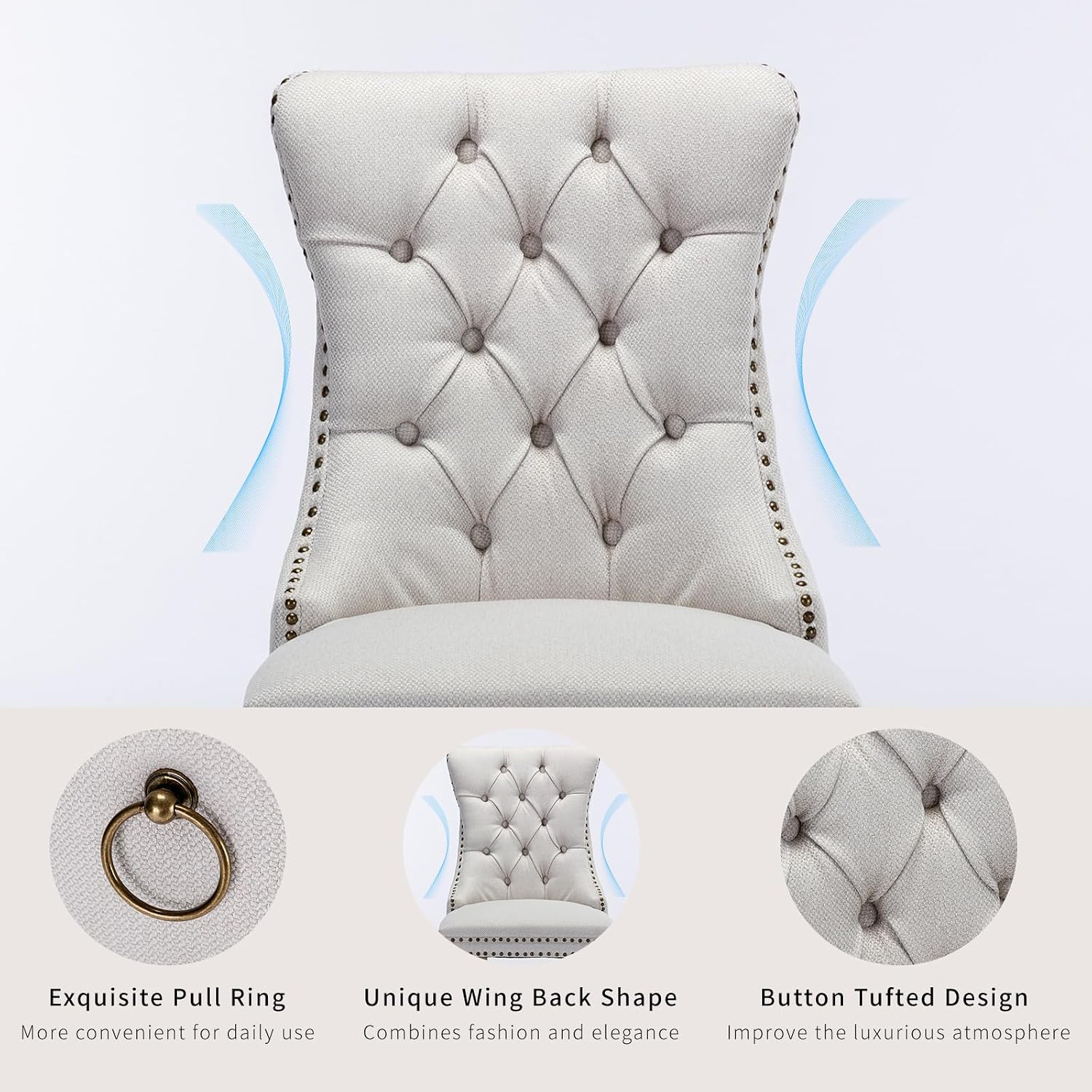 ODUSE-DAILY Beige Linen Dining Chairs Set of 4, Kitchen & Dining Room Chairs Set of 4, Tufted Dining Chairs, Upholstered, Wood Legs (Beige White, 4pcs)