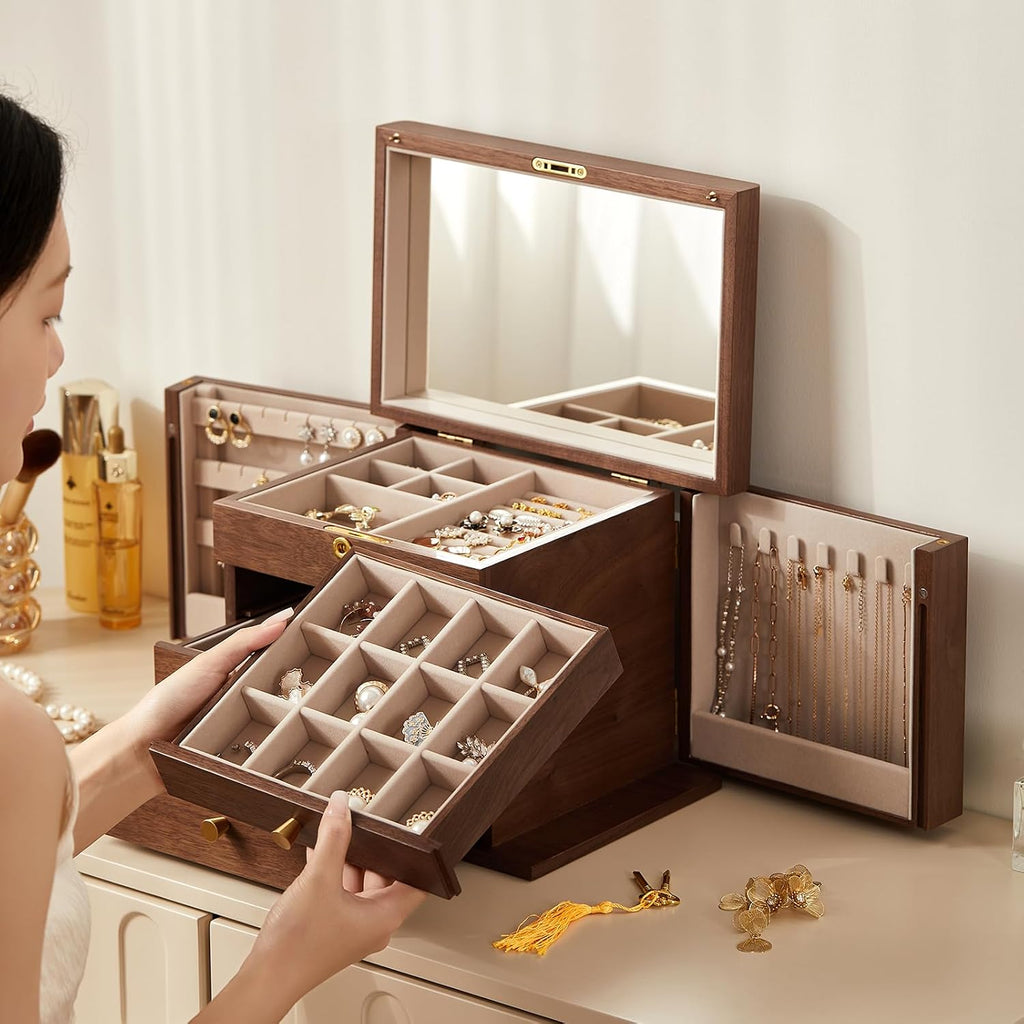 Black Walnut Wooden Jewelry Box, Wood Jewelry Organizer with 2 Side Doors Mirror Lockable Classical Style for Watch Necklace Ring Earring Storage, Ideal Gift-4 Layer