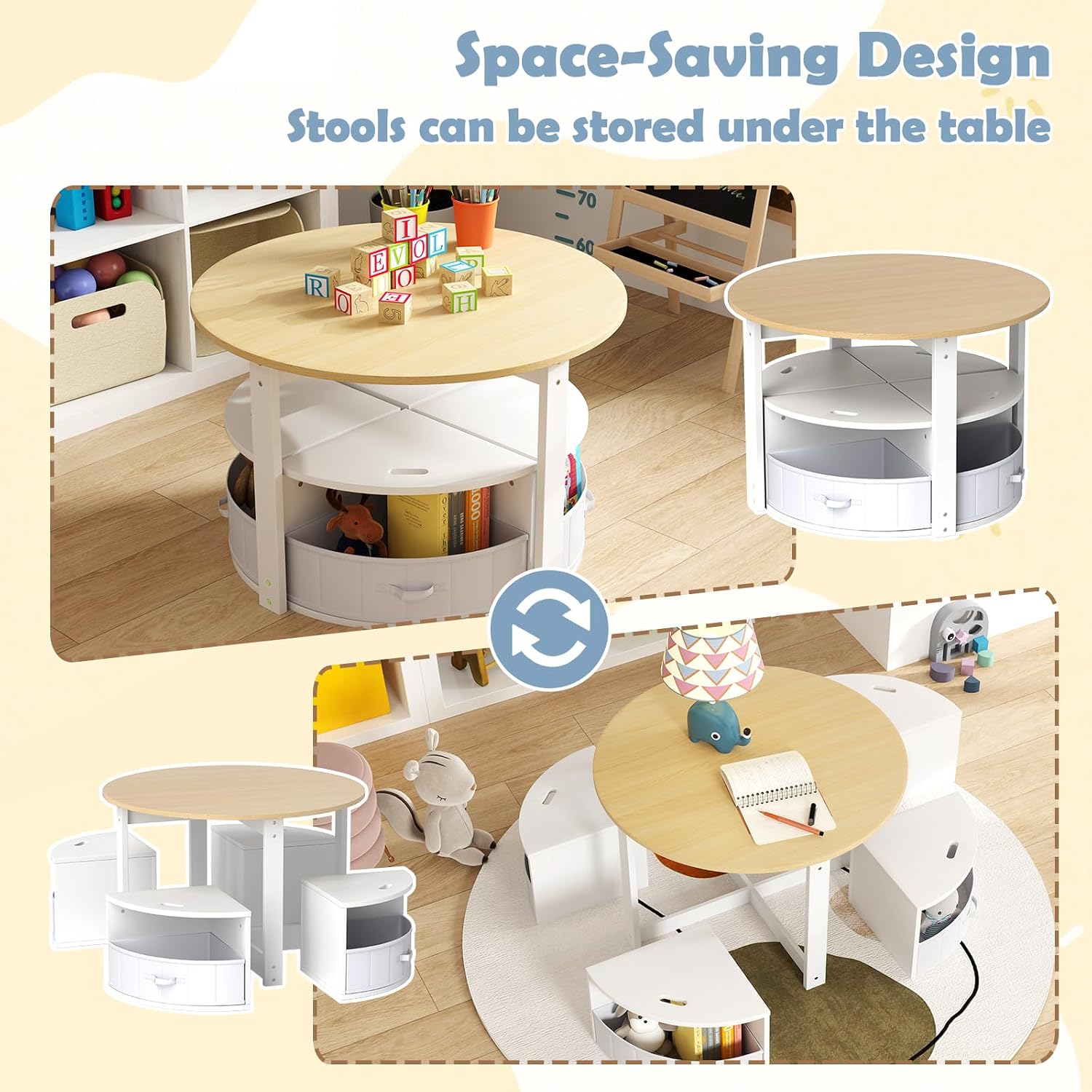 Costzon Kids Table and Chairs, 5 Pieces Wooden Round Children Nesting Desk with 4 Storage Stools & 4 Fabric Drawers for Activity, Play, Art, Read, Craft, Eat, Toddler Table and Chair Set (Beige)