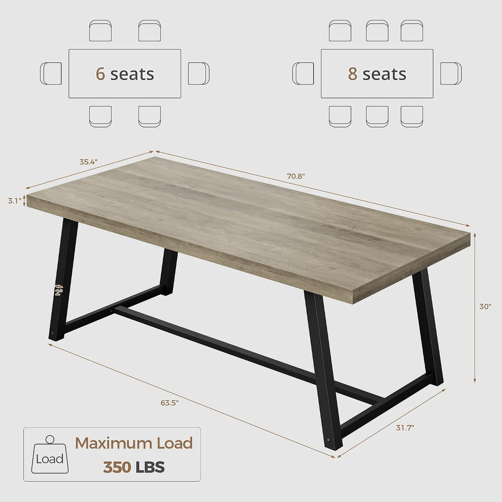 IRONCK 71' Dining Table for 6-8 People, Industrial Kitchen Table with Sturdy Metal Frame, Rectangular Grey Wood Dinner Table for Dining Room