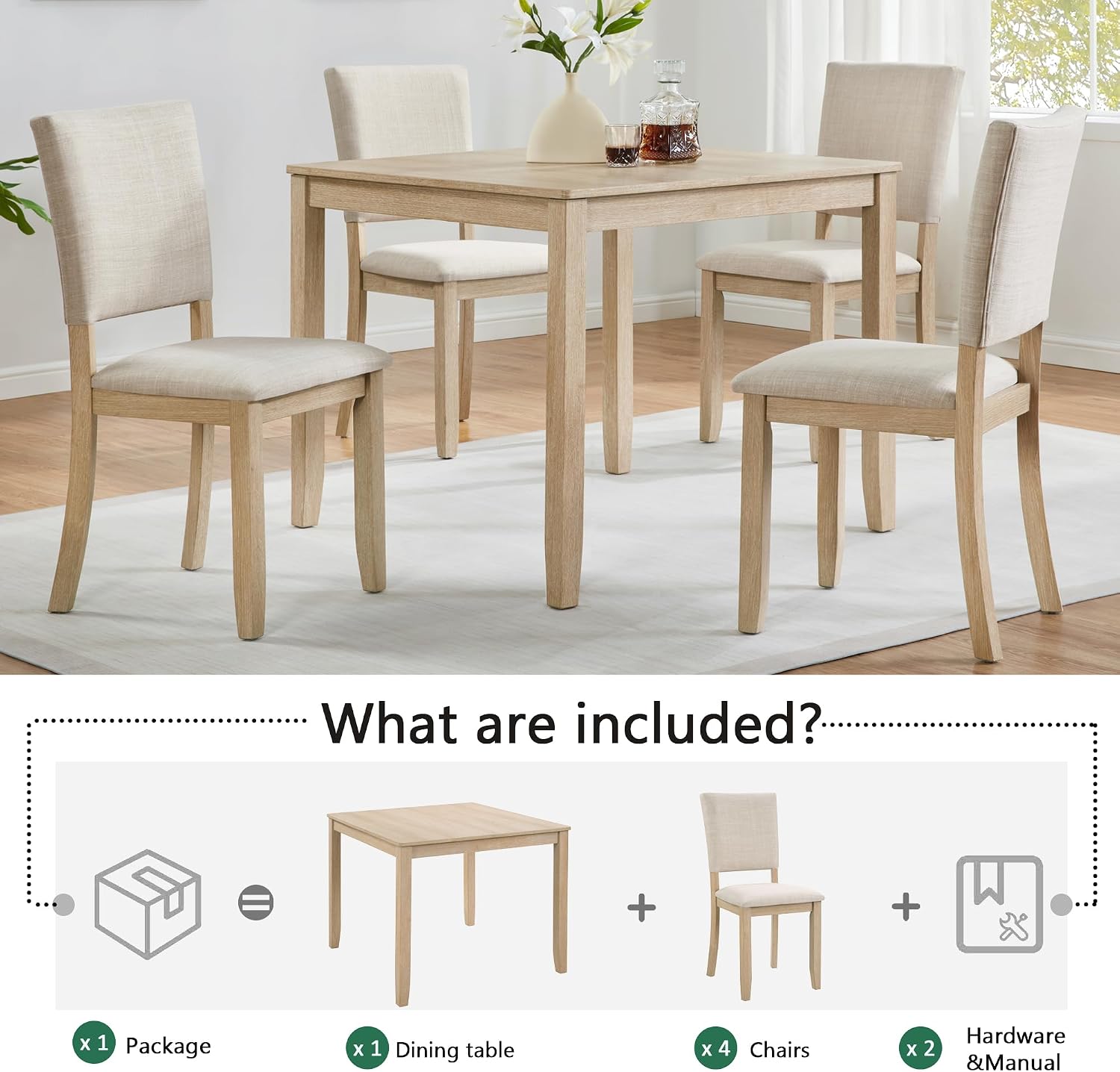 LUMISOL 5-Piece Dining Table Set, Farmhouse Wood Kitchen Table Set with 4 Upholstered Chairs for Kitchen, Dining Room, Living Room, Light Oak+Beige