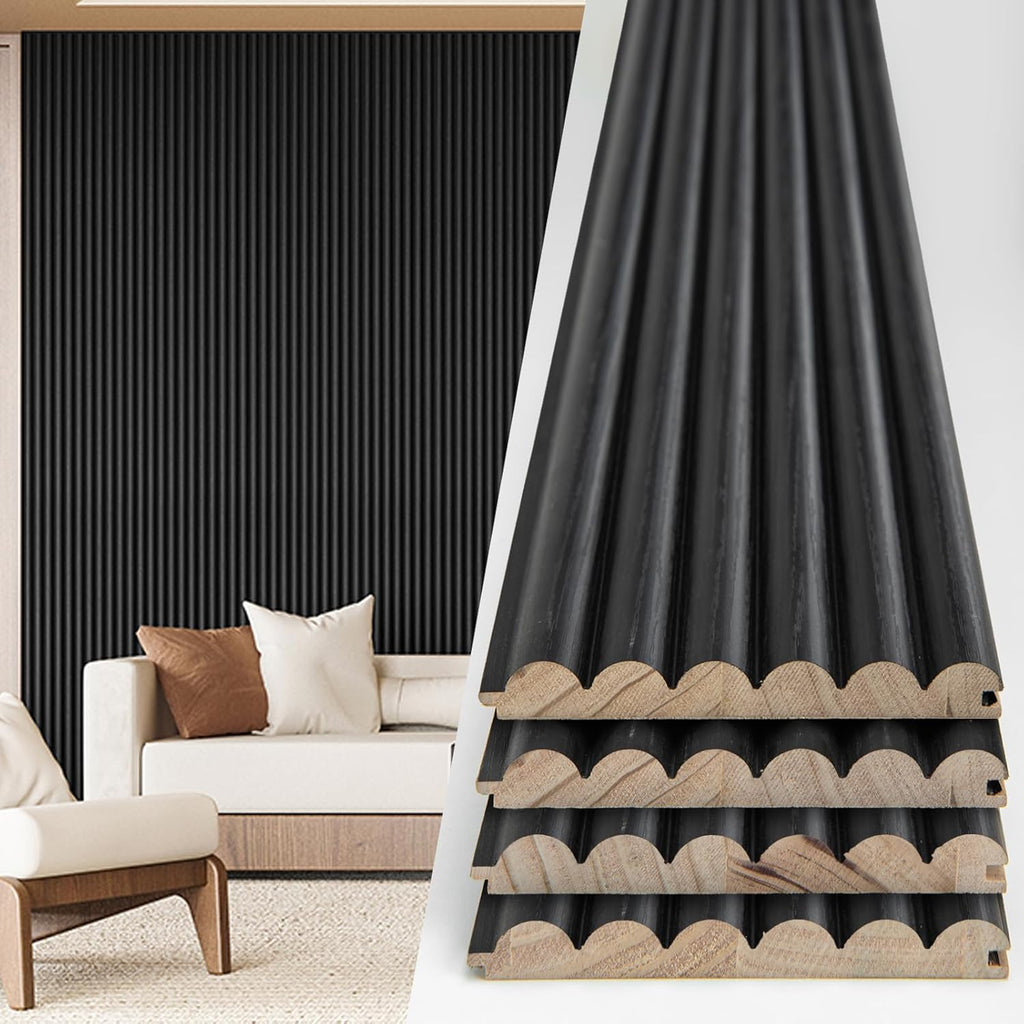 Art3d Fluted Wood Panel - 108 x 5.7 x 0.7in for Wall & Ceiling, Beaded Accent Molding for Home Decoration, Pack of 4pcs + 1pc End-Trim, Beaded Black